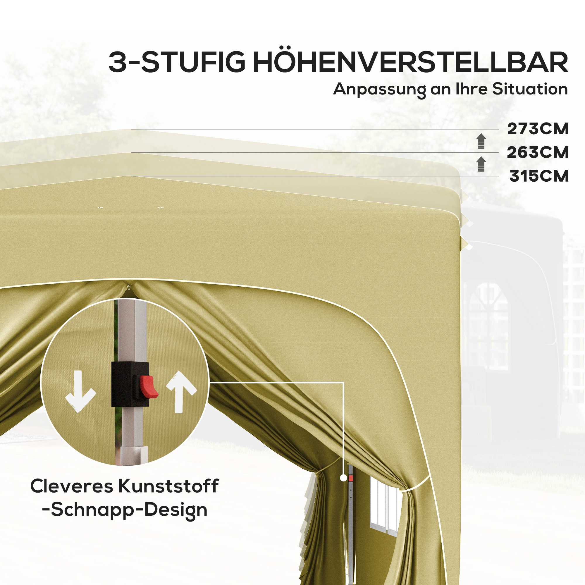 Outsunny 3 x 3 m Paviljoen, Pop-up Tuintent met Zijwanden en Draagtas, UPF50+, Hoogte Verstelbaar, Zand
