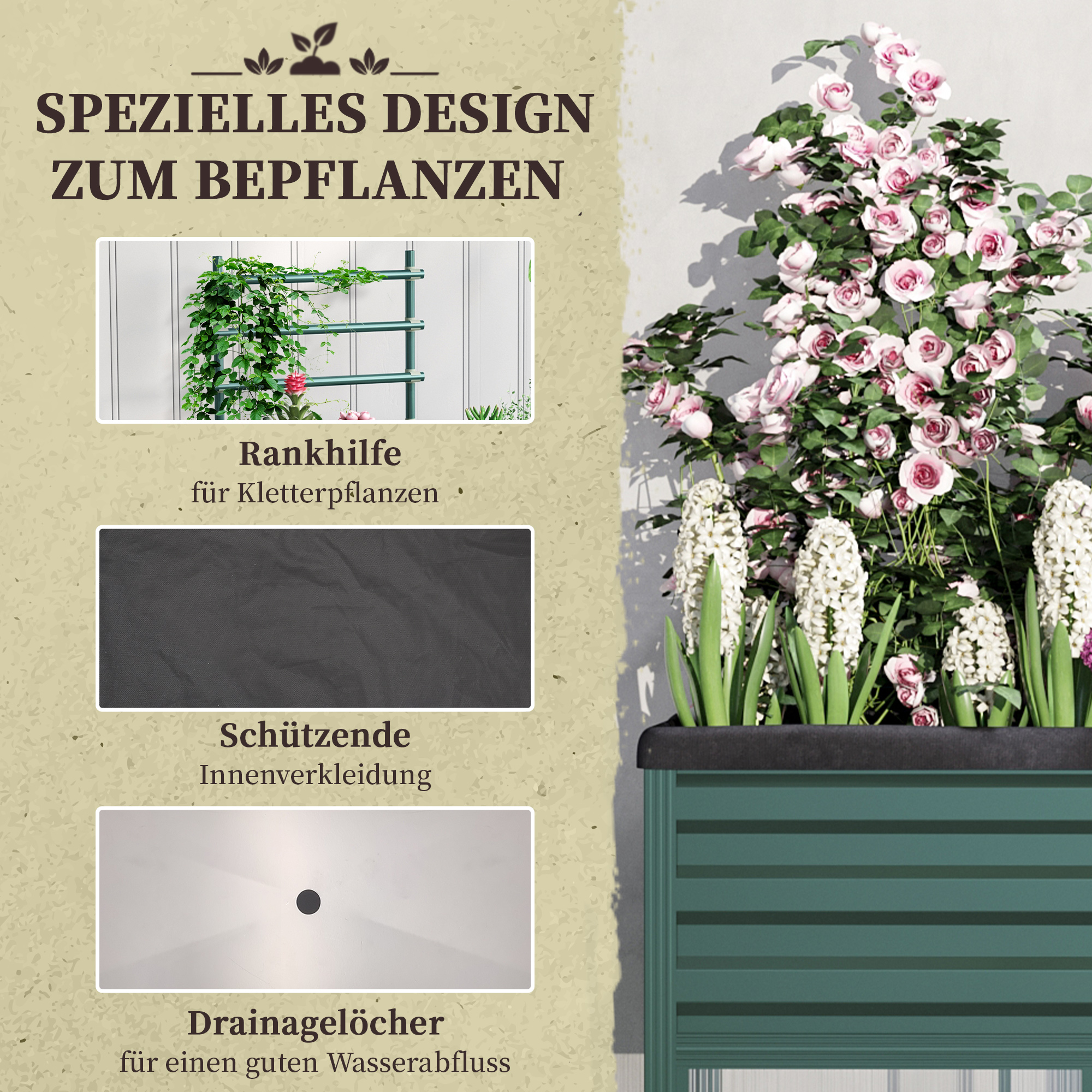 Outsunny Buitenzonnig verhoogd bed met latwerk, bloembak met wielen, plank, staal