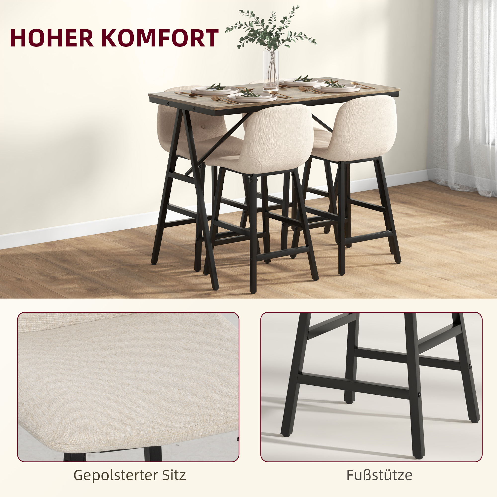 HOMCOM 5-delige Bargarnituur, Tafel en 4 Stoelen, Knoopstiksel, Dikke Bekleding, Linnenlook, Beige