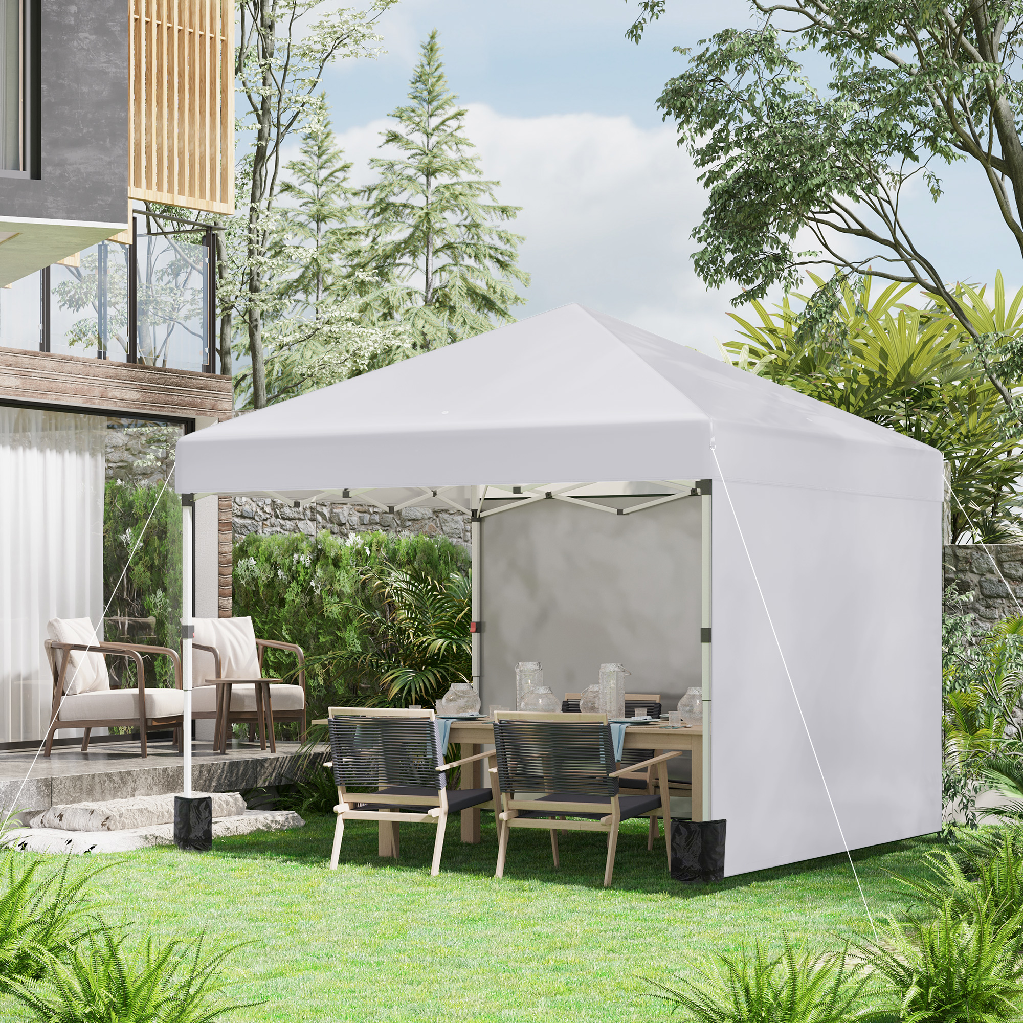 Outsunny Opvouwbare paviljoen met 2 zijwanden, verstelbare hoogte, inclusief draagtas, roestvrij stalen frame, 3x3 m, wit