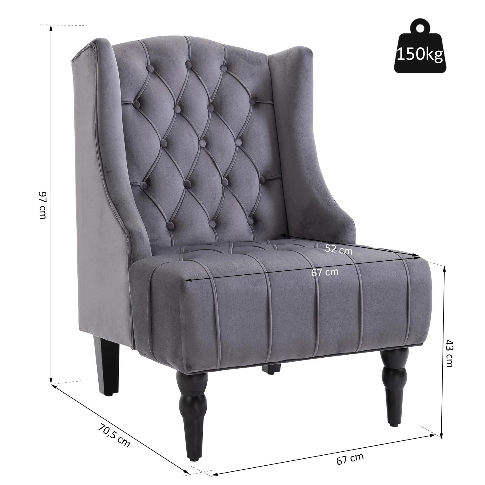 HOMCOM®-vleugelstoel met tufting, Relaxfauteuil, Fluweel, Grijs, 67 x 70,5 x 97 cm