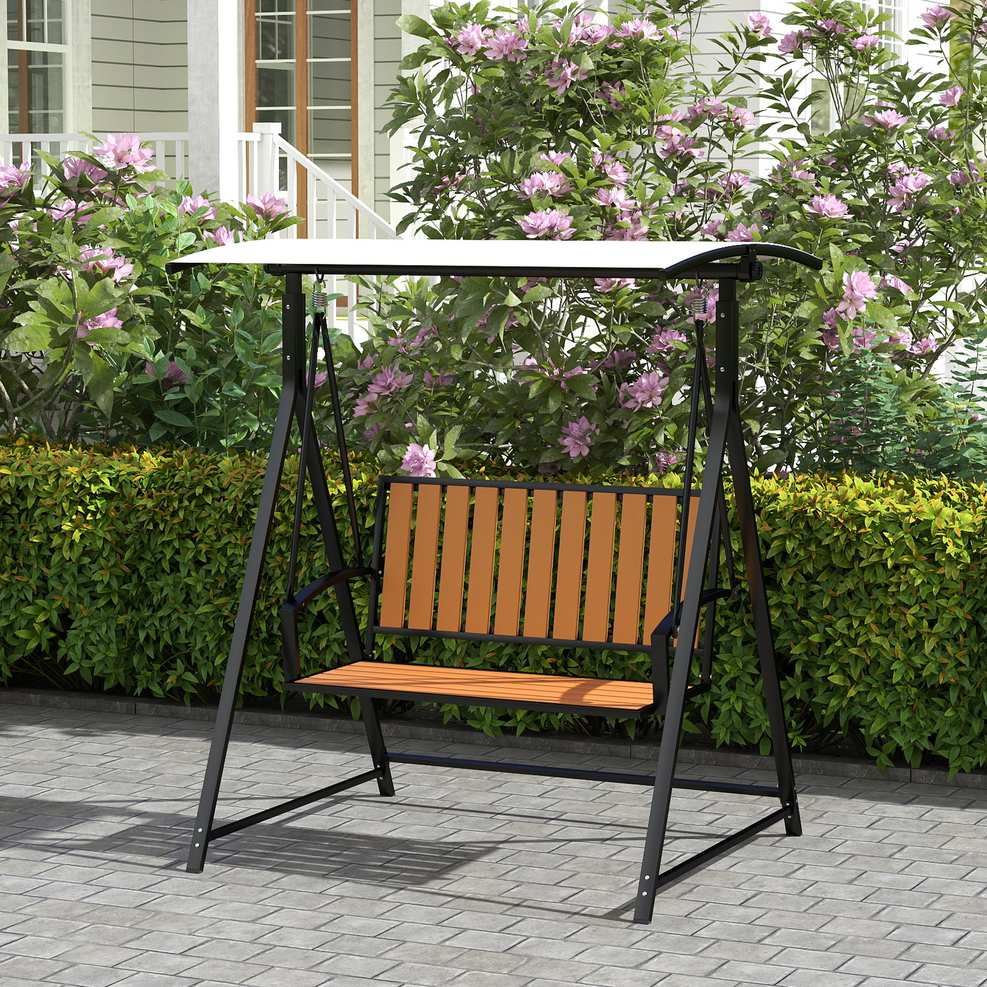 Outsunny Hollywoodschommel met verstelbaar zonnescherm, 2-zits Tuinschommel 142 x 112 x 162cm, Zwart