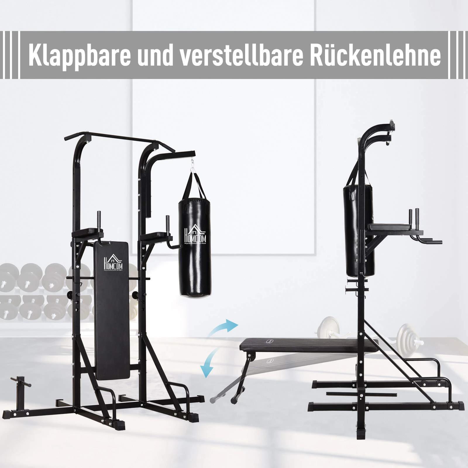 HOMCOM Krachtstation met optrekstang, multifunctioneel dipstation, trainingsapparaat voor thuis, met bokszak, fitness, staal, zwart, 180 x 183 x 219 cm dipstation multifunctionele bokszak opvouwbaar staal | Aosom.de