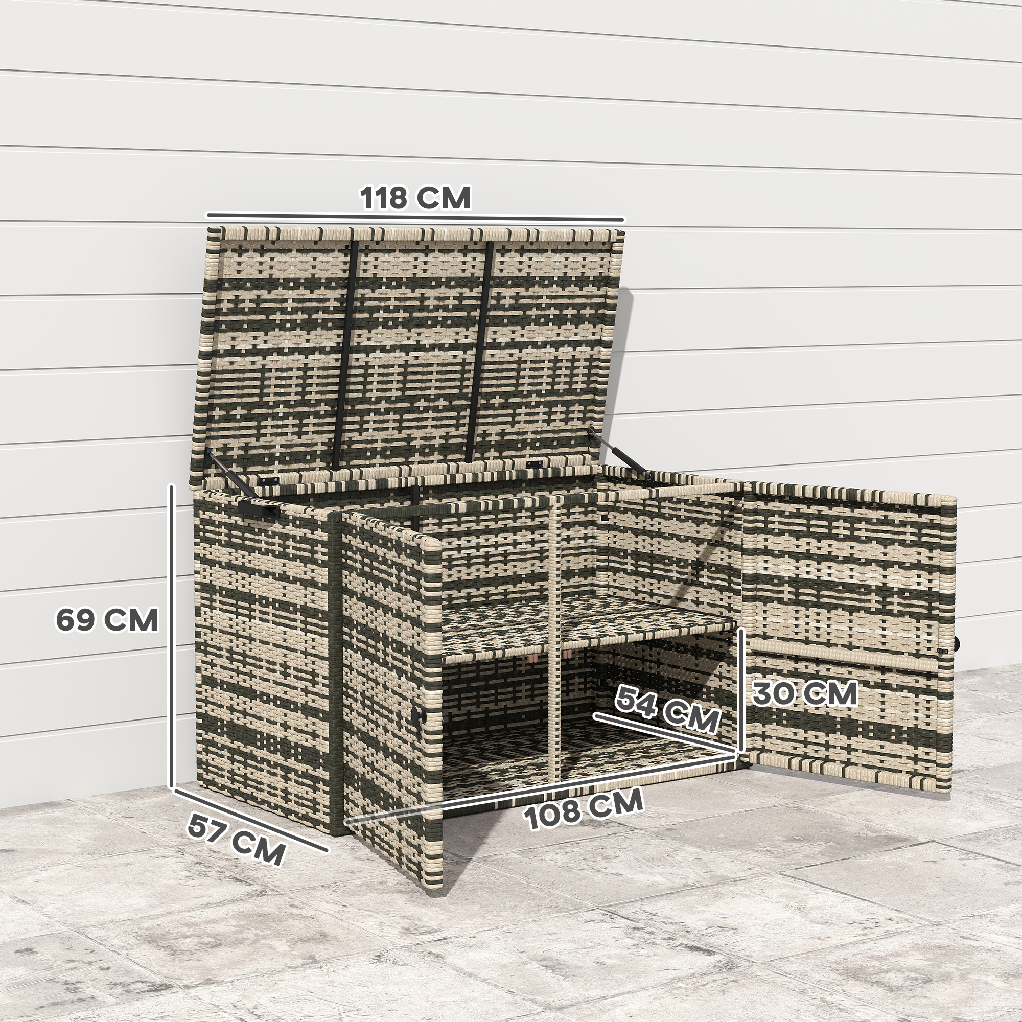 Outsunny Rattan Opbergbox 350L Tweelaags Kussenbox met Deksel Hefstangen Handgrepen 118 x 57 x 69 cm Gemengd Grijs
