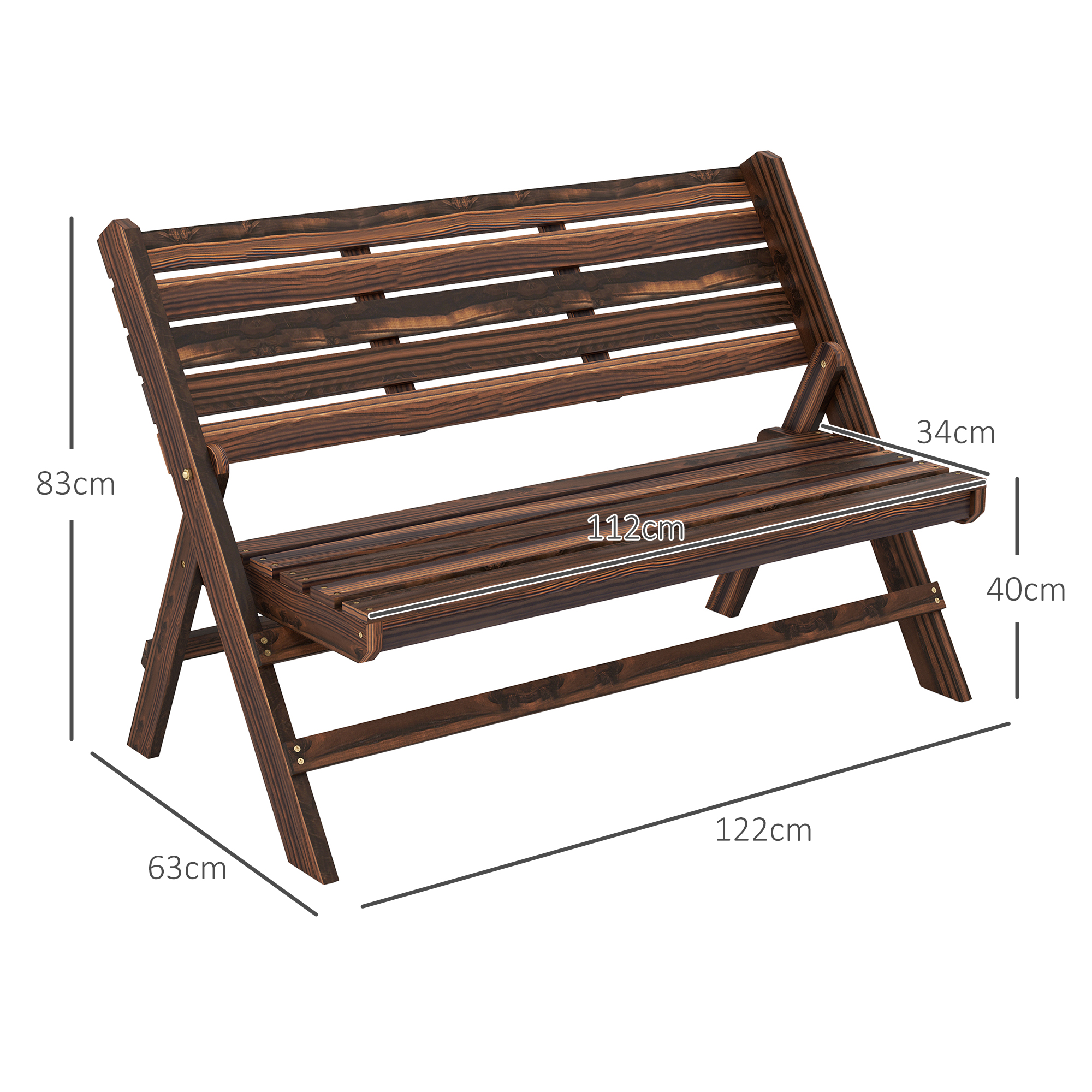 Outsunny Tuinbank voor 2 personen, rustiek ontwerp, inklapbaar, natuurlijk hout, 122 x 63 x 83 cm, gebrande afwerking