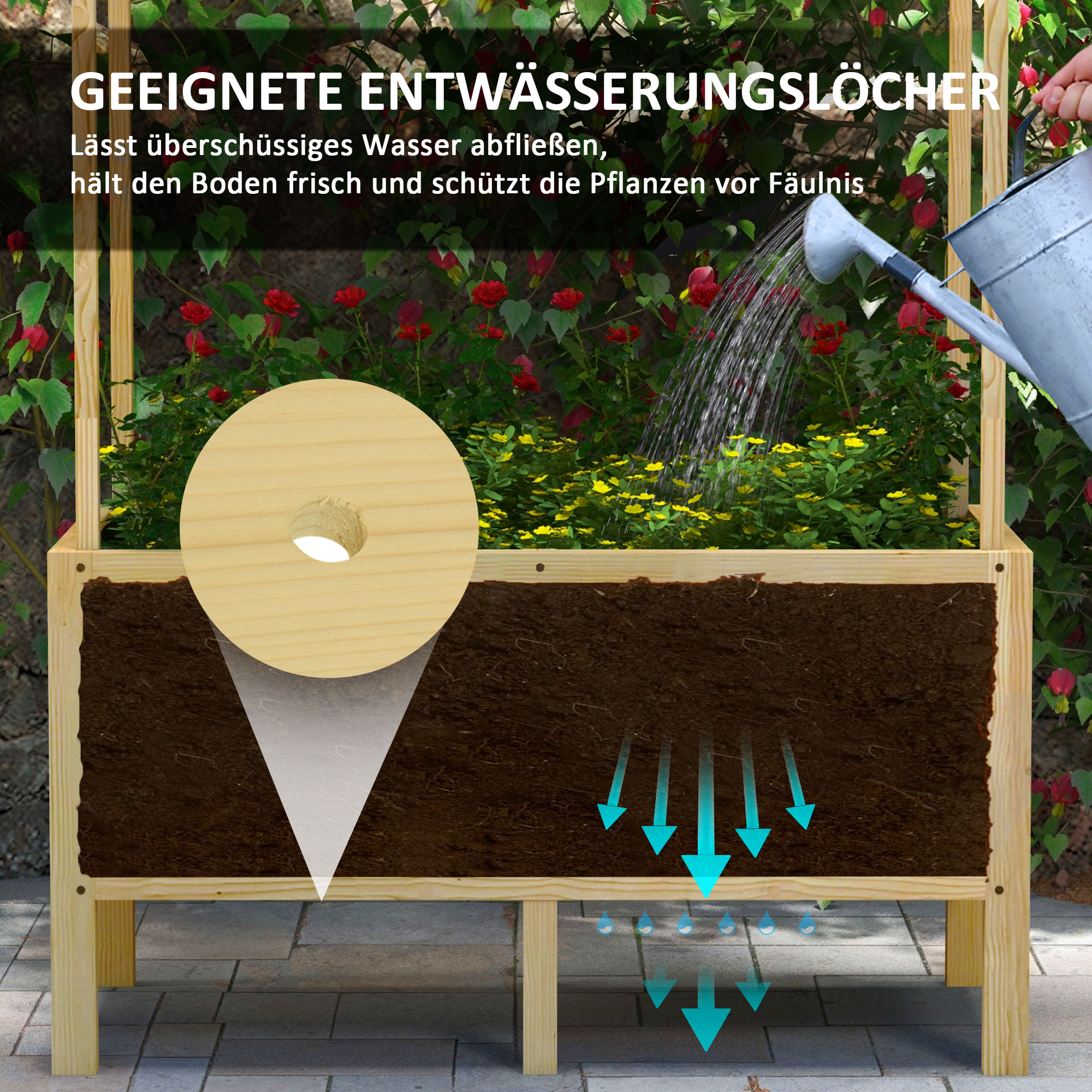 Outsunny Houten verhoogde plantenbak met dak, afwateringsgaten, voering van vliesdoek, weerbestendig, sparrenhout, 110x60x152 cm