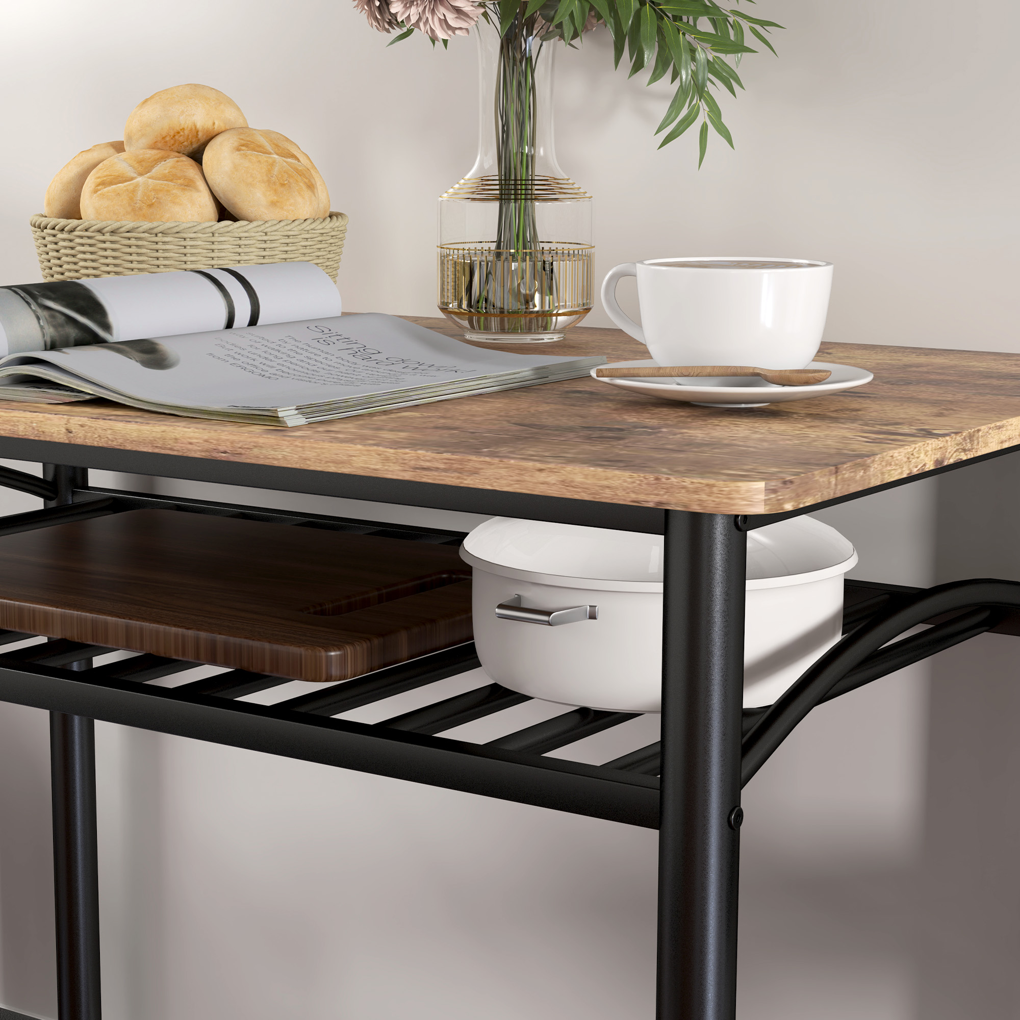 HOMCOM 4-Delige Eetkamerset, Ruimtebesparende Set met Tafel, 2 Stoelen en Bank voor Kleine Ruimtes, Metaal, Hout, Bruin