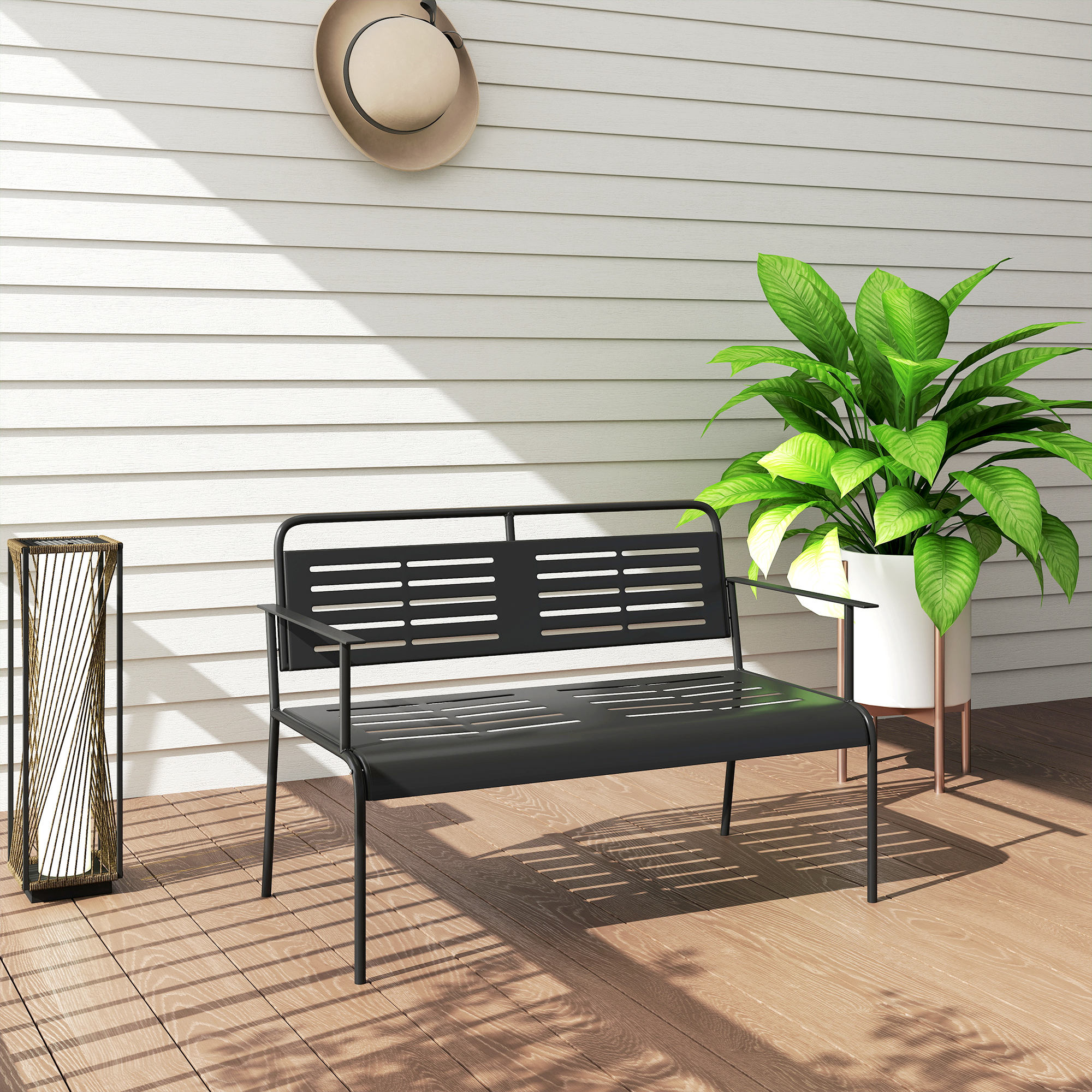 Outsunny 2-Persoons Weerbestendige Tuinbank, Waterbestendige Tuinmeubels met Rug- & Armleuningen 121 x 64 x 84cm, Zwart