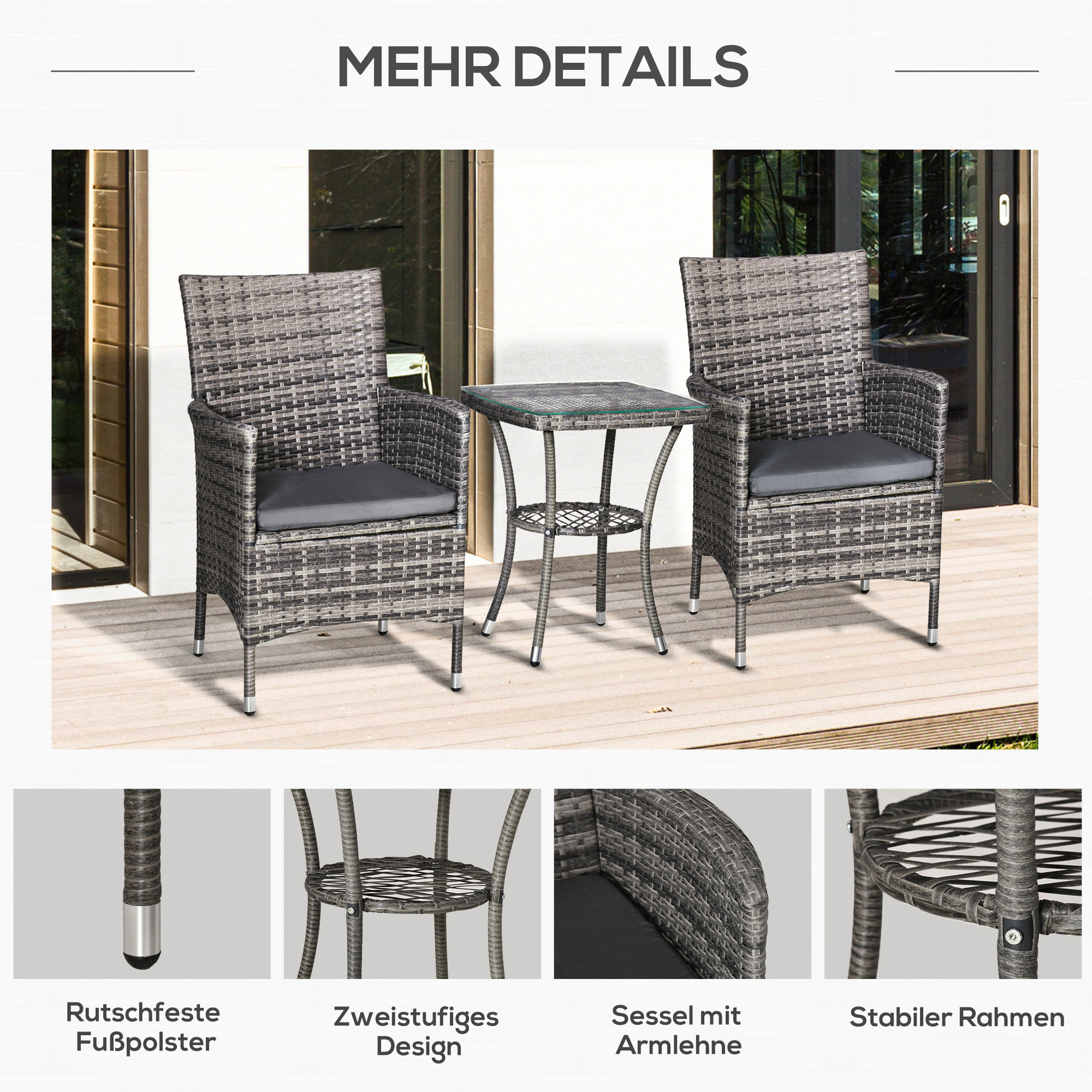 Outsunny 3-delige zitgroep in rotanlook met zitkussens, metaal+polyrattan+polyester, donkergrijs