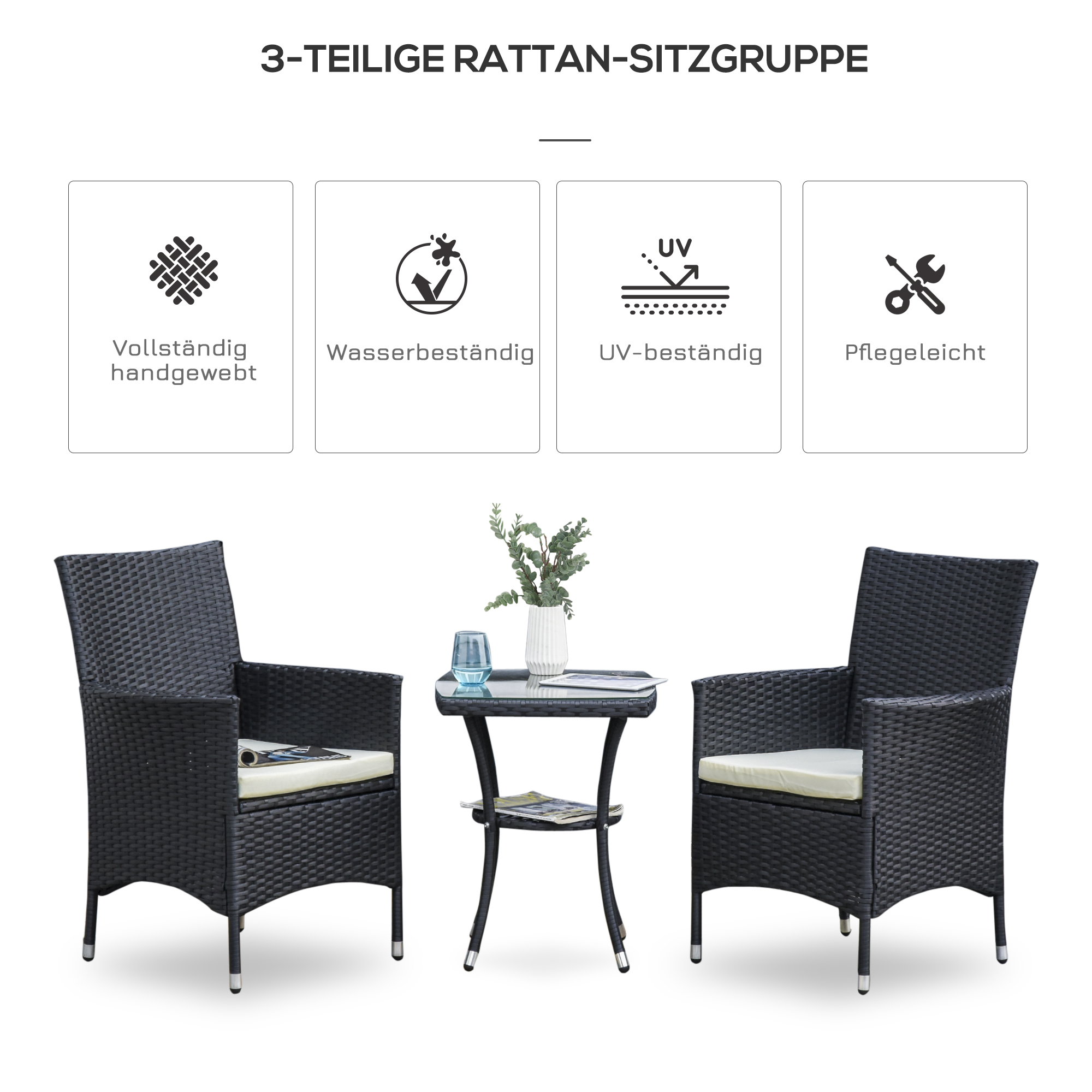 Outsunny 3-delige zitgroep voor in de tuin, rotan tuinset, poly-rotan, zwart