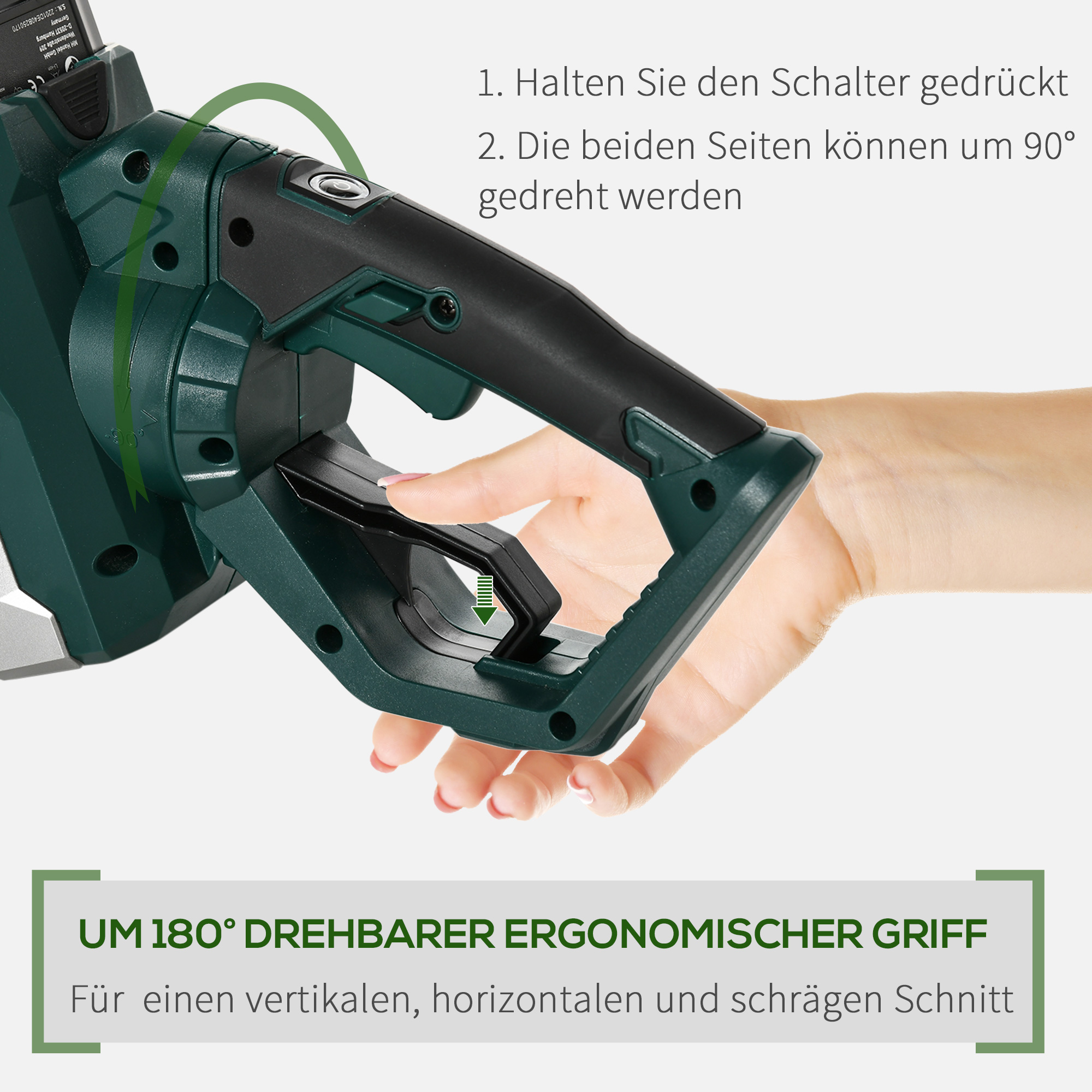 DURHAND Elektrische heggenschaar Snoerloze Elektrische heggenschaar met 350 W motorvermogen Snoerloze 180° draaihendel 52 cm snijlengte Staal ABS Groen + Zwart