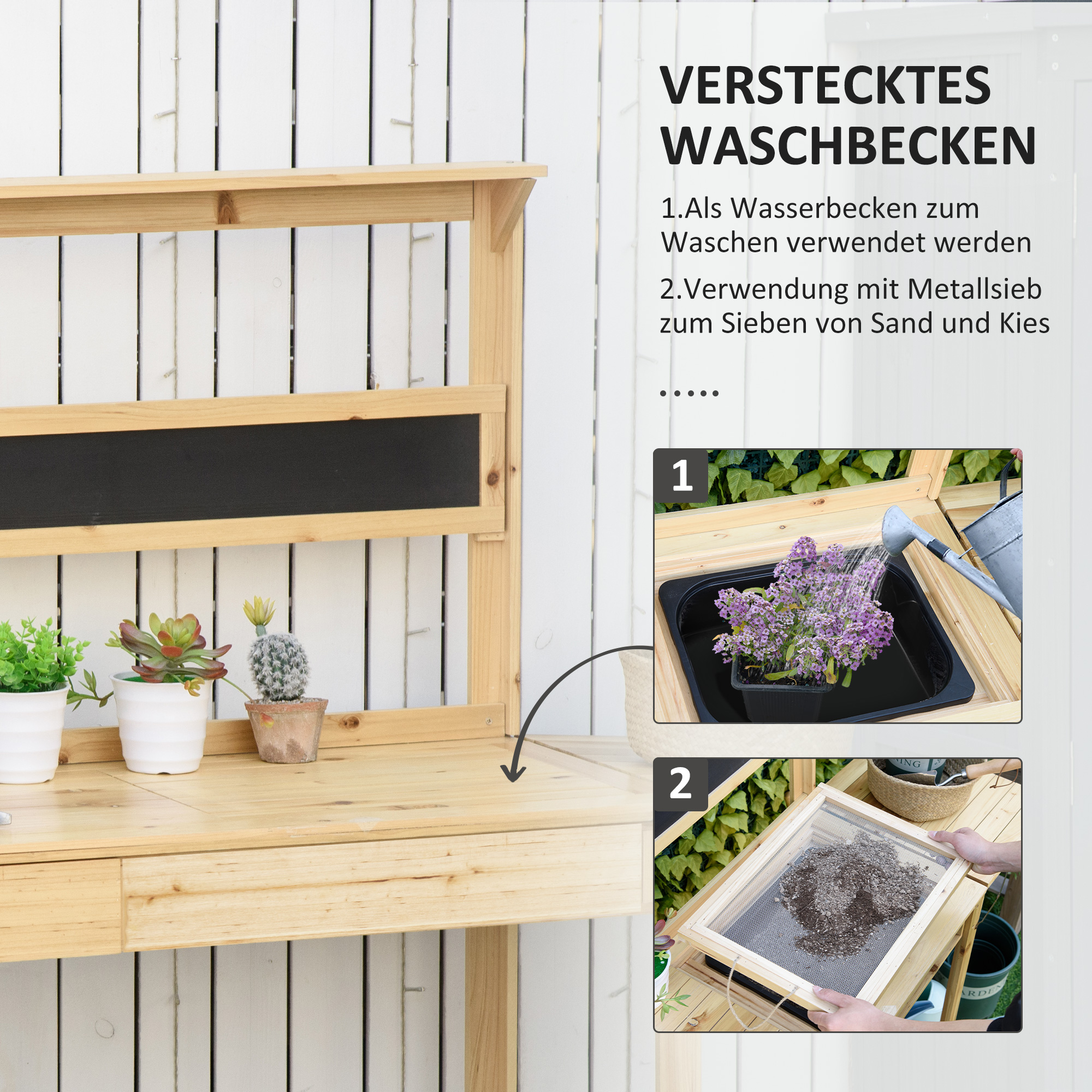 Outsunny plantentafel tuintafel met 8 haken ladeplank bloementafel van hout voor tuinterras naturel 151 x 45,5 x 143 cm