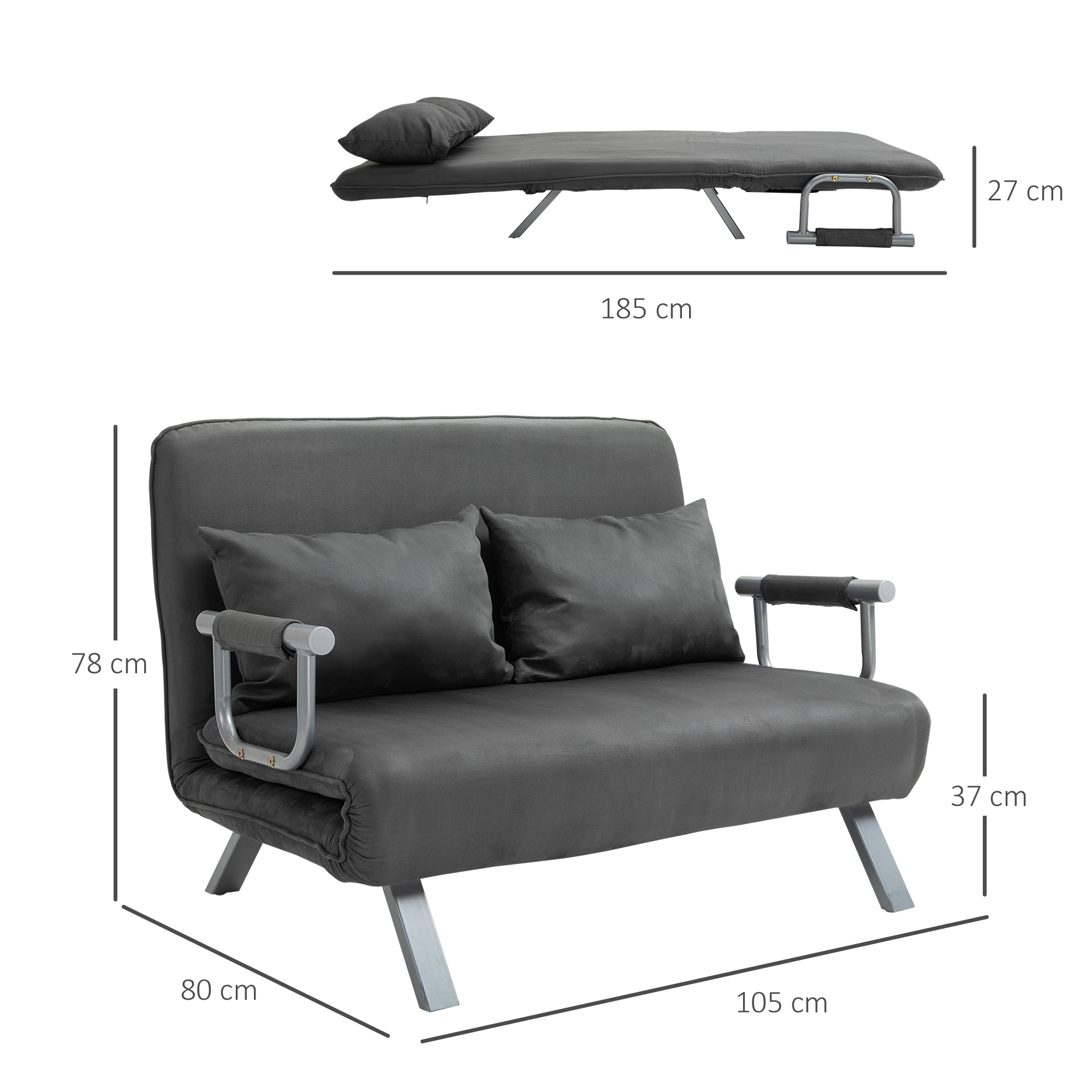 HOMCOM tweezits bedbank met armleuningen, 3-in-1 slaapbank, logeerbed, opvouwbare matras, opklapbed, chaise longue, multifunctioneel, imitatie-suède grijs 105 x 80 x 78 cm