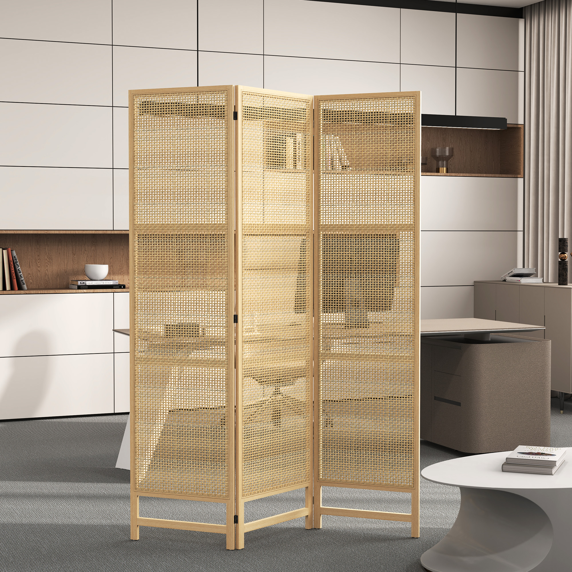HOMCOM Driedelige, Opvouwbare Kamerscherm, 180 cm Vrijstaande Scheidingswand met Handgeweven Design voor Thuis, Natuur