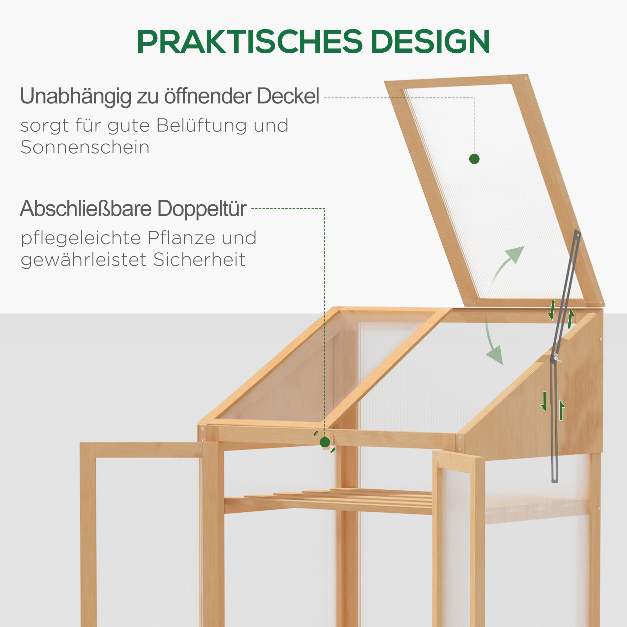 Outsunny Mini-kas, Klein Kas met Houten Frame, Vensters en Dubbele Deur, 3 Planken, 70L x 50B x 120H cm, Bruin