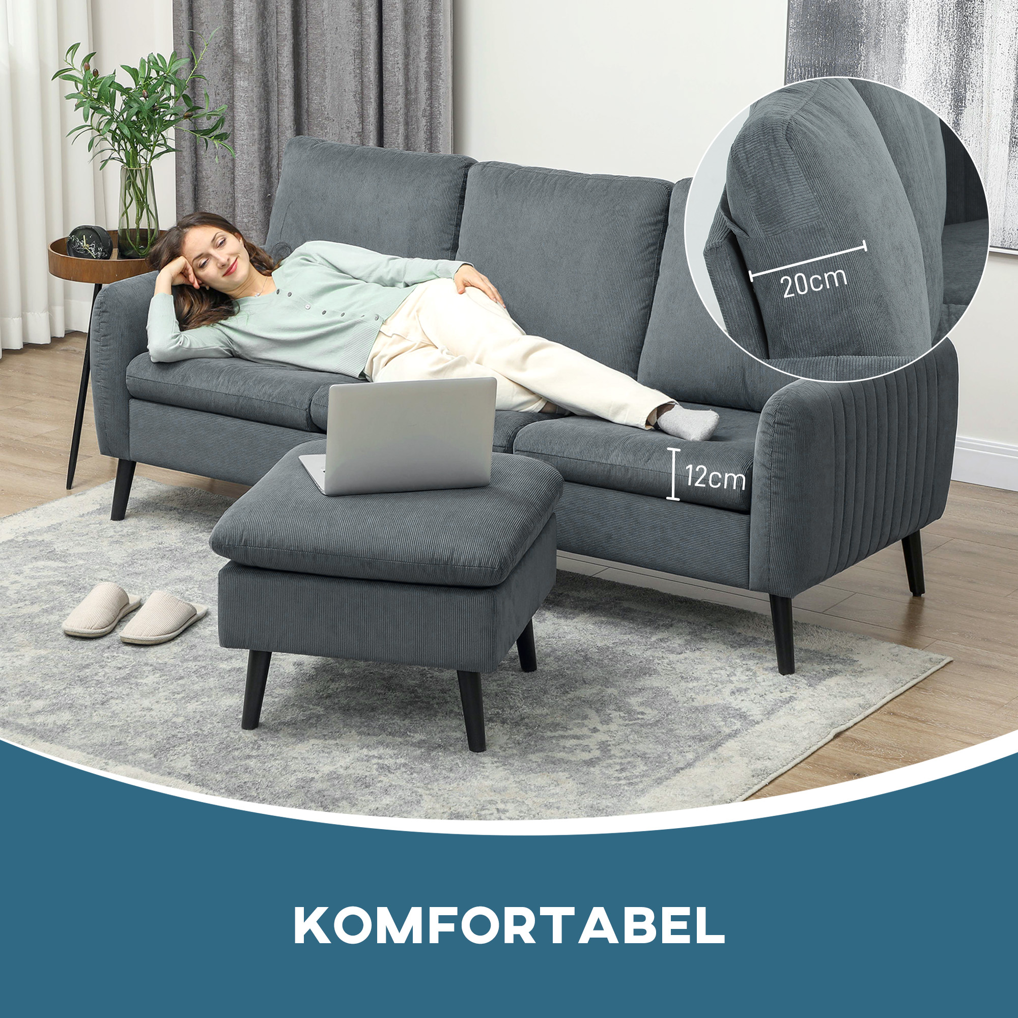HOMCOM Hoekbank, 3-zitsbank met Voetenbank, Stoffen Bekleding, L-vormige Bankset, Donkergrijs