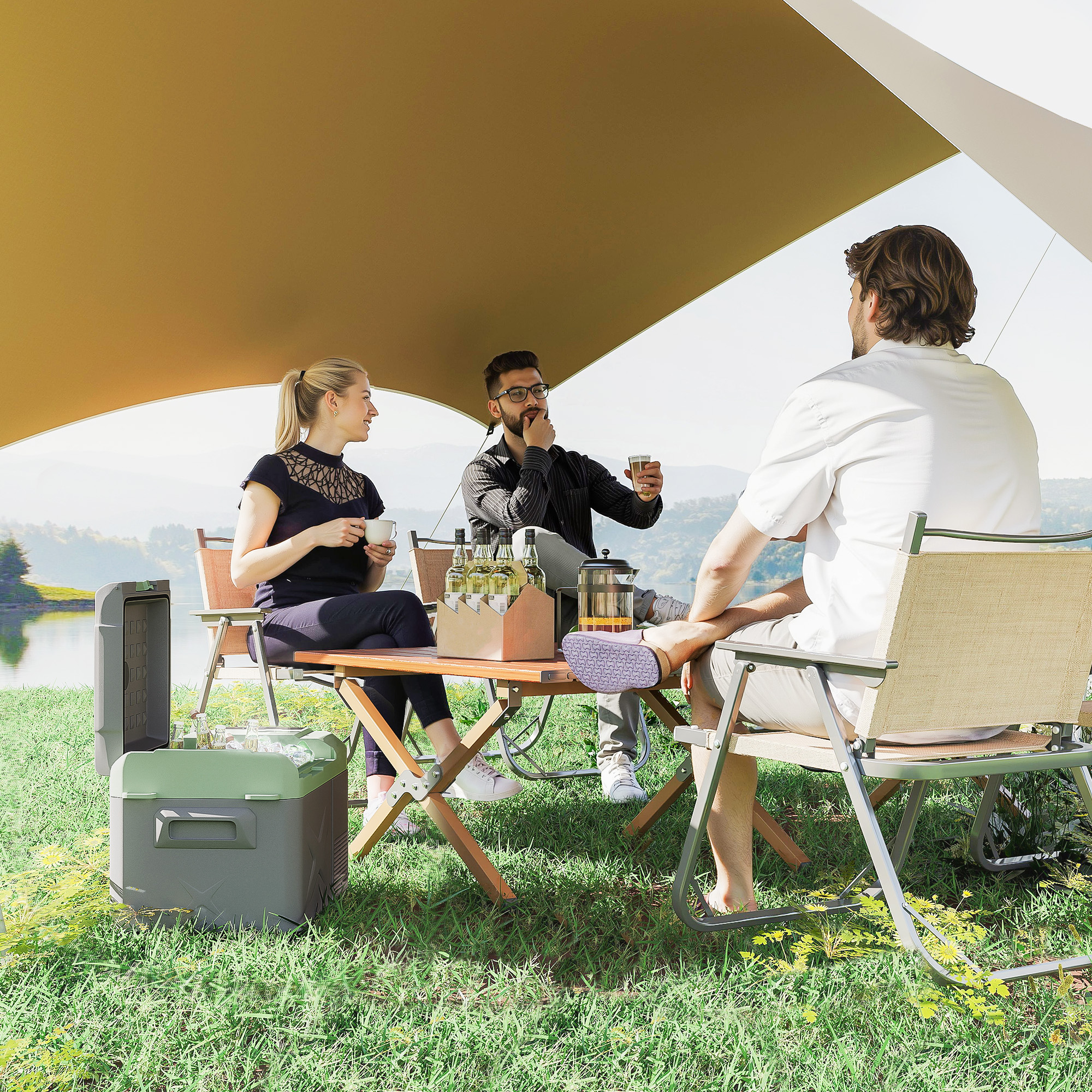 Outsunny 24,2 Liter Campingkoelkast, Autokoelkast, Koelbox met LED-Licht, AC- en DC-Adapters, Stille Werking, Grijs+Groen