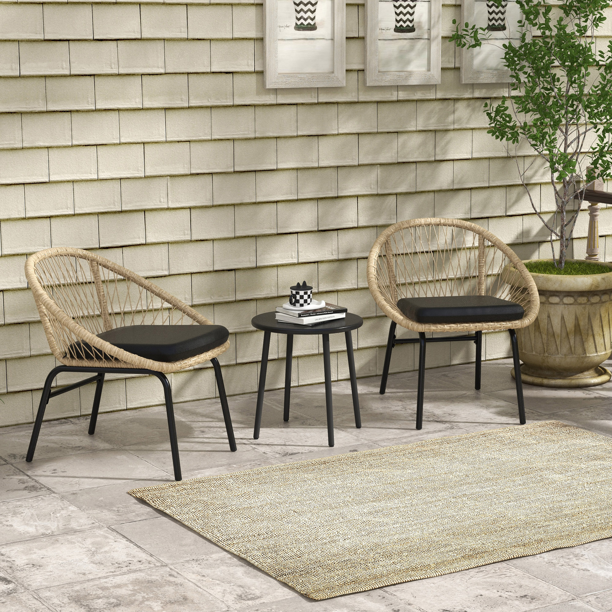 Outsunny Rieten Terrasmeubelset, Tuinmeubelset, 2 Stoelen & Tafel, Geel