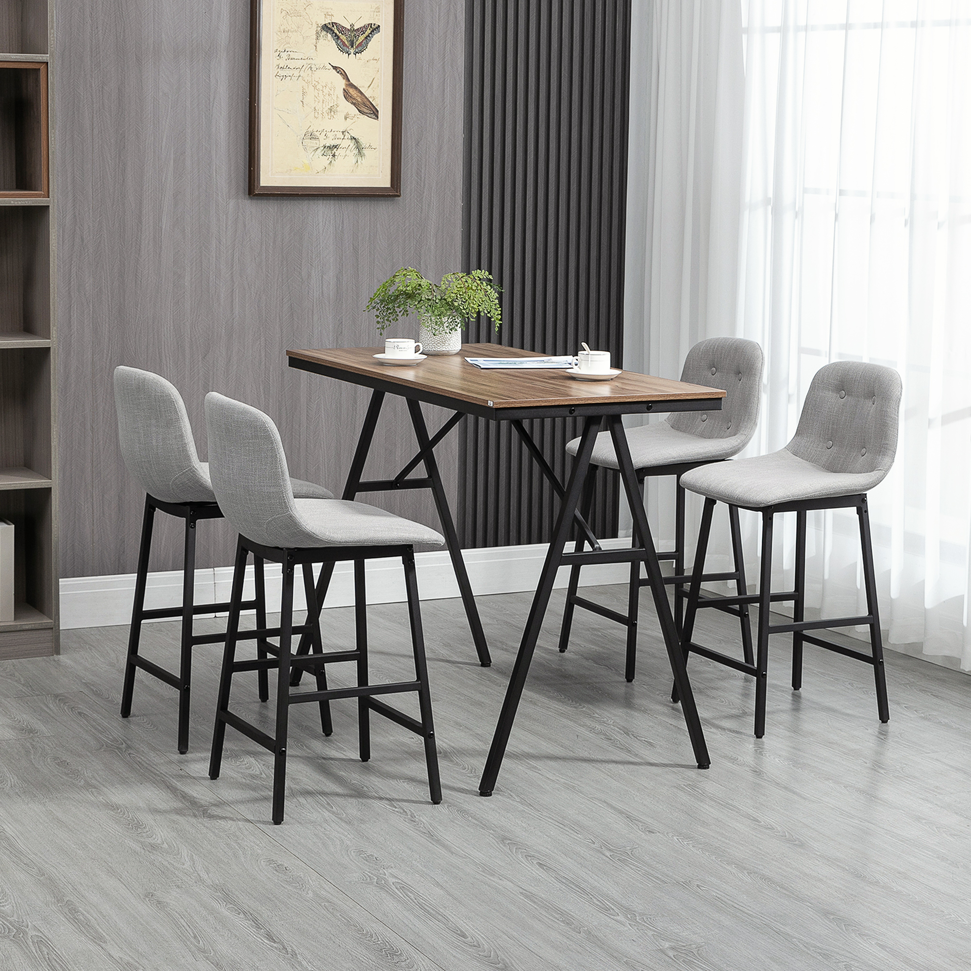 HOMCOM 5-delige Bargarnituur, Tafel en 4 Stoelen, Knoopafwerking, Dikke Bekleding, Linnenlook, Grijs