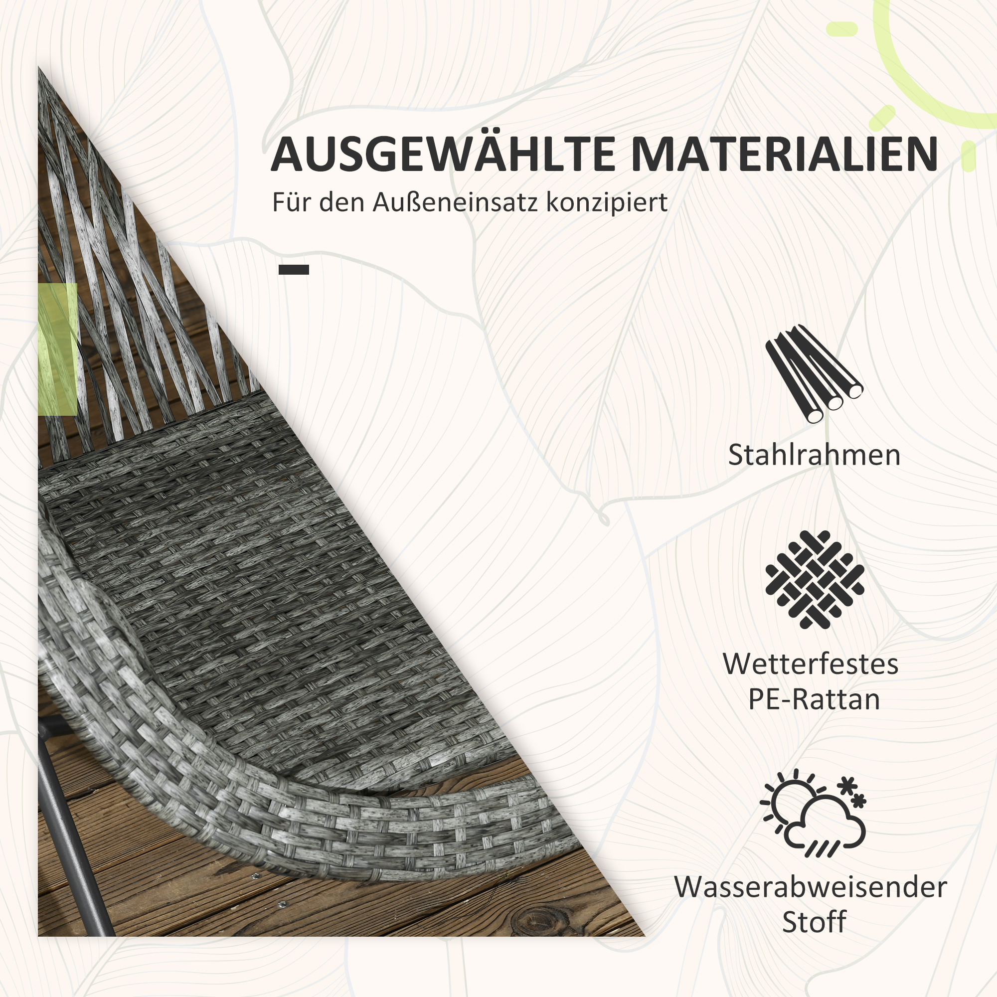 Outsunny Tuinmeubelset, 3-delig, rotanlook, 2 stoelen, 1 tafel, inklapbaar, Grijs