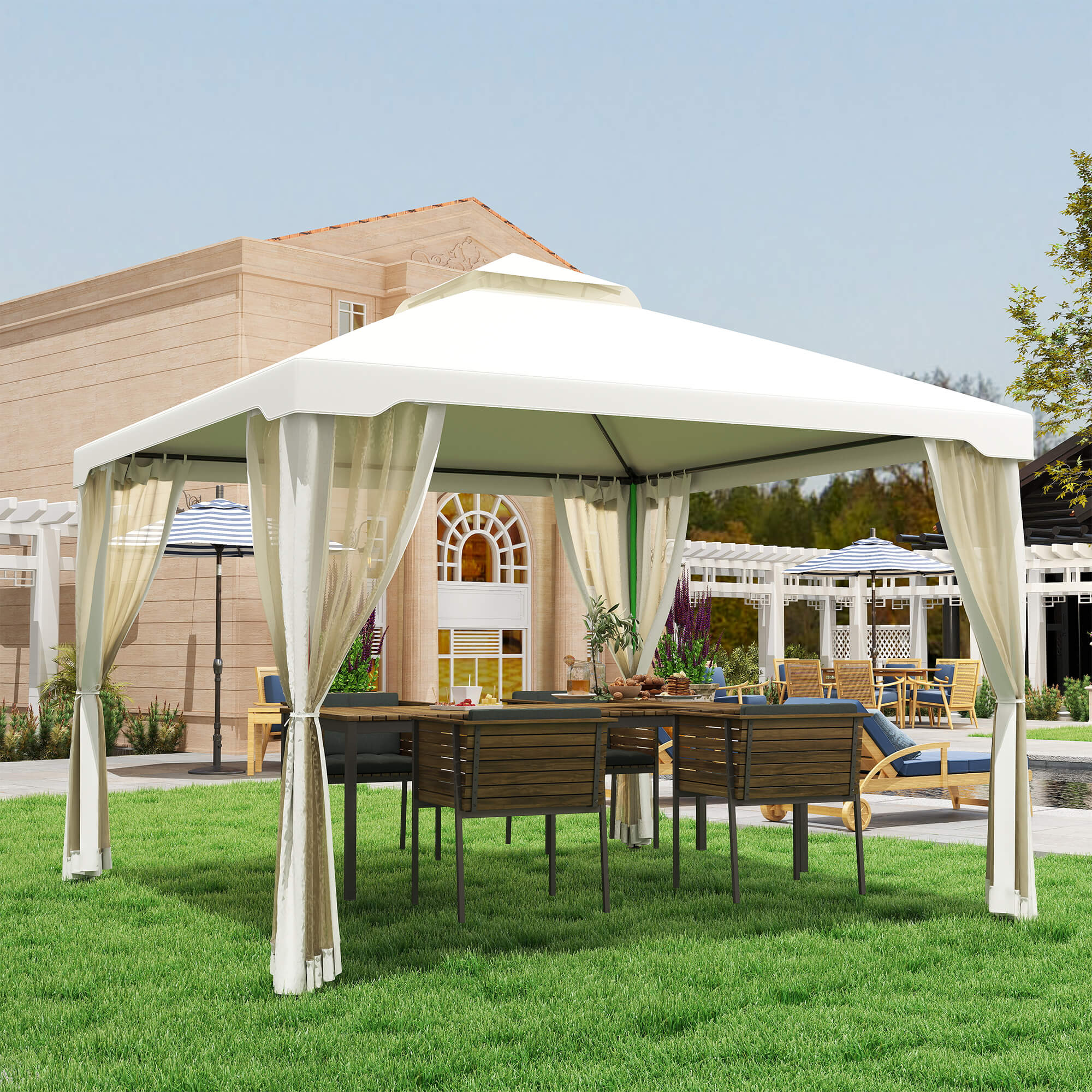 Outsunny tuinpaviljoen gazebo tuintent partytent met 4 x zijwand weerbestendig metaal + polyester crème wit 3 x 3 x 2.6 m