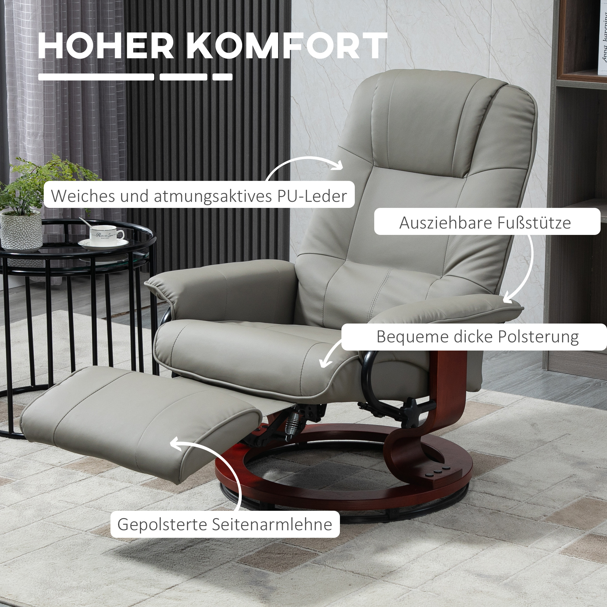 HOMCOM Relaxstoel Televisiestoel Ligstoel Kunstleder 360° Draaistoel 145° Kantelbaar Grijs 78 x 87 x 100 cm