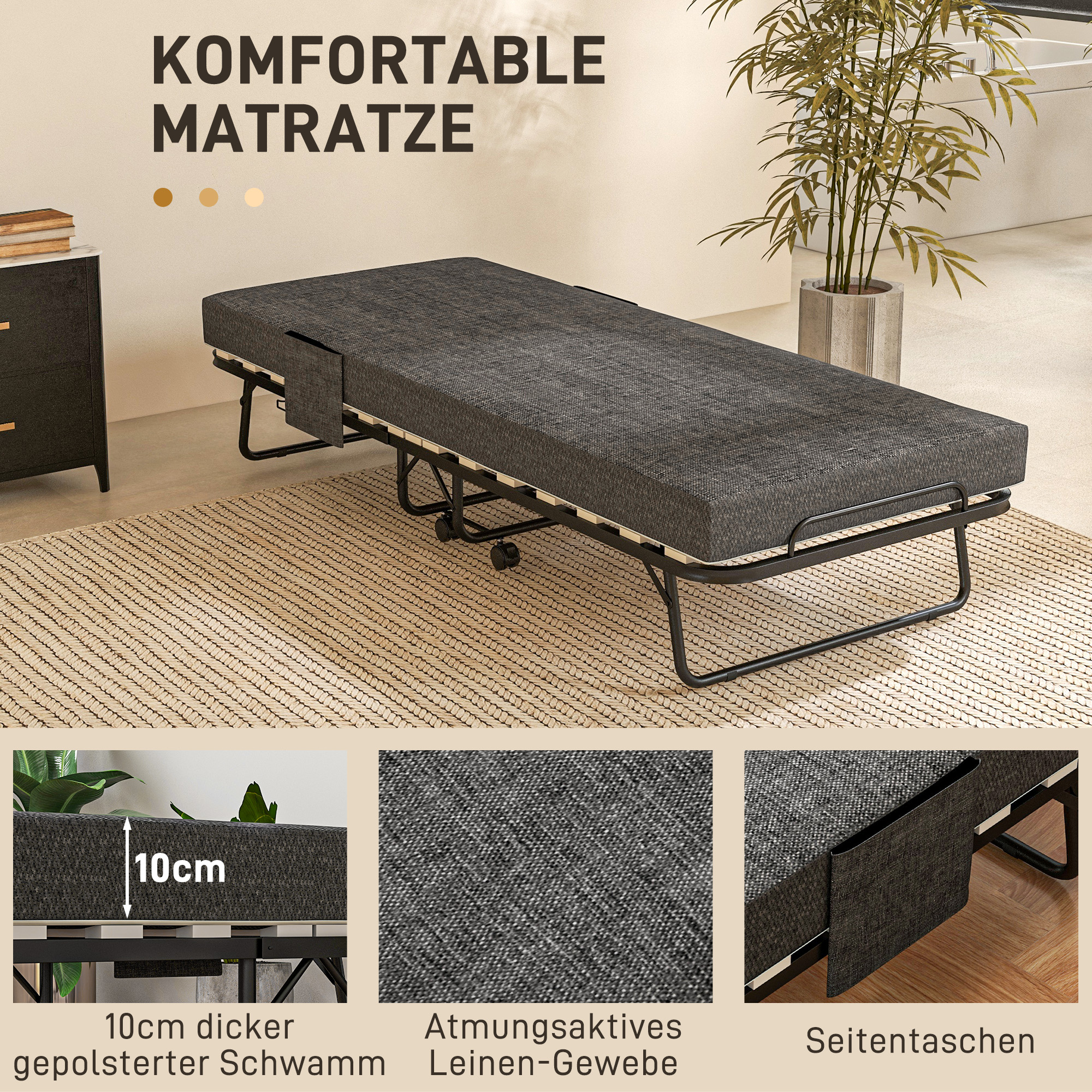 HOMCOM Opklapbed, Matras, 4 Wielen, Metalen Frame, Tot 150 kg, 190 x 80 x 42 cm, Donkergrijs