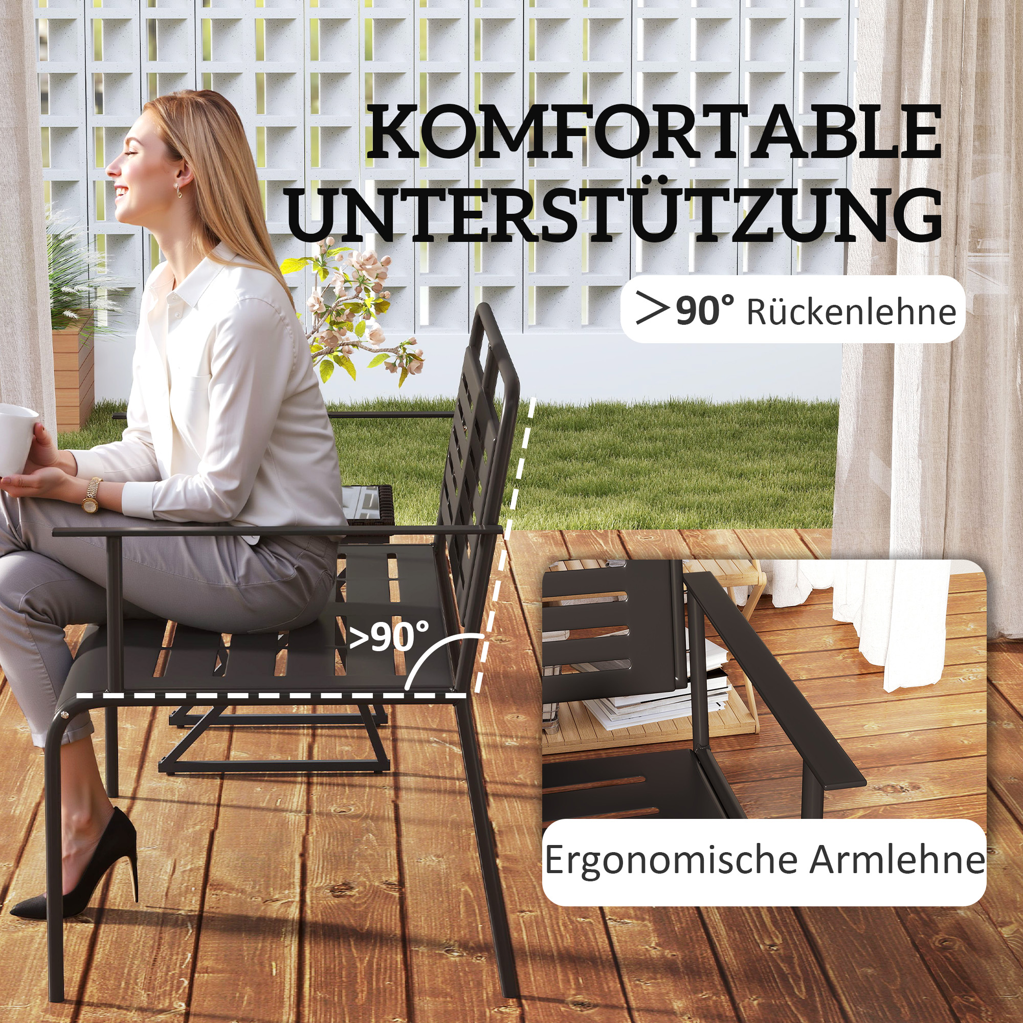 Outsunny 2-Persoons Weerbestendige Tuinbank, Waterbestendige Tuinmeubels met Rug- & Armleuningen 121 x 64 x 84cm, Zwart