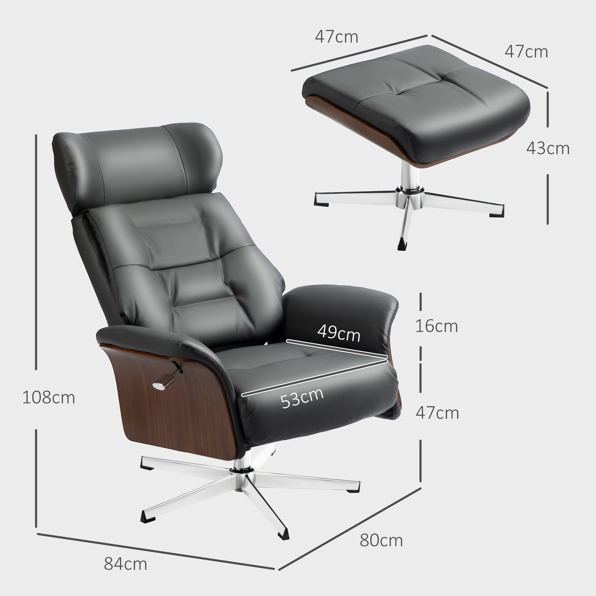 HOMCOM Relaxstoel met kruk, Ligfunctie, Draaibaar, Lederlook, tot 150 kg, Donkergrijs