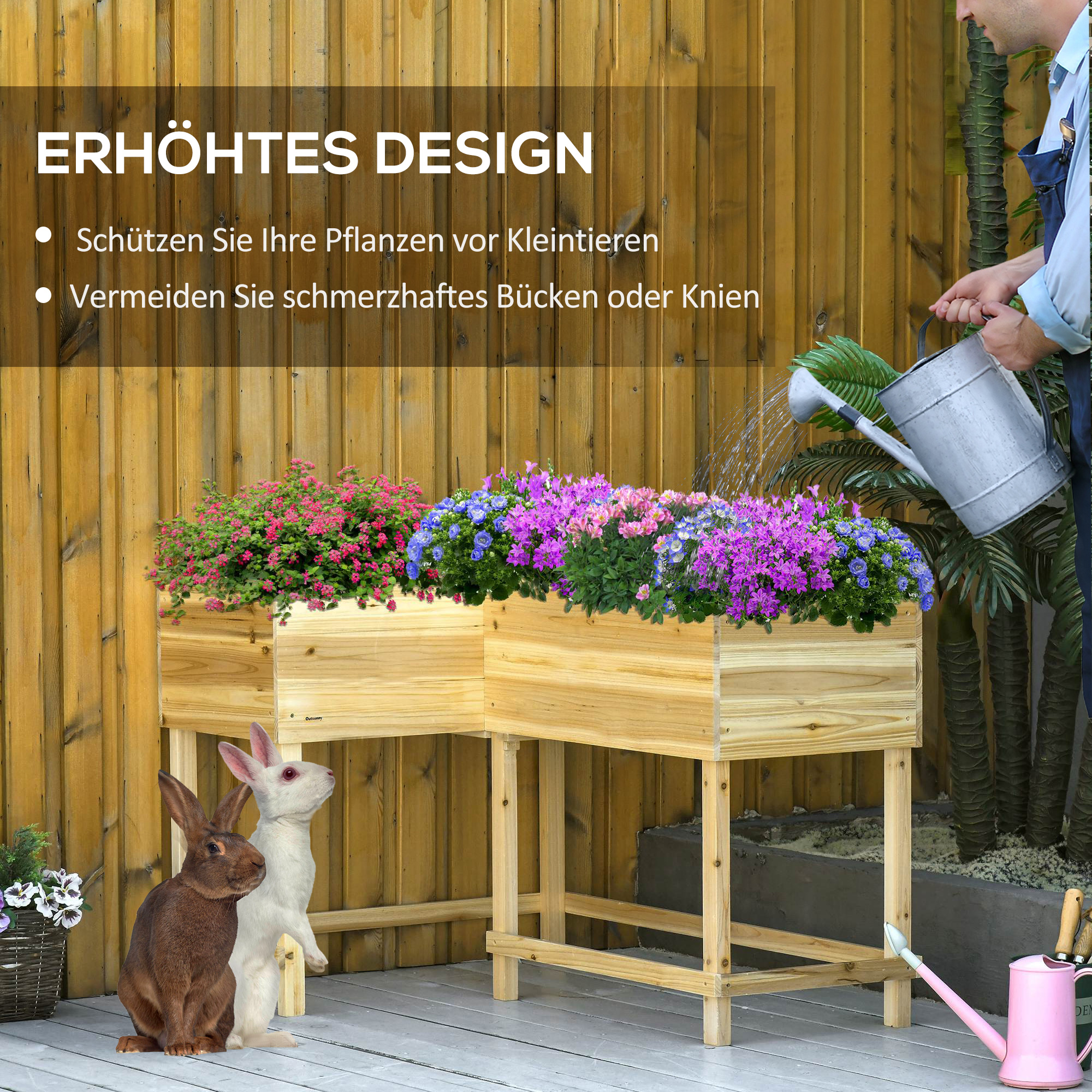 Outsunny verhoogd bed houten plantenbak met irrigatiesysteem vlies bloembak bloempot kruidenbed naturel 121 x 91 x 81 cm