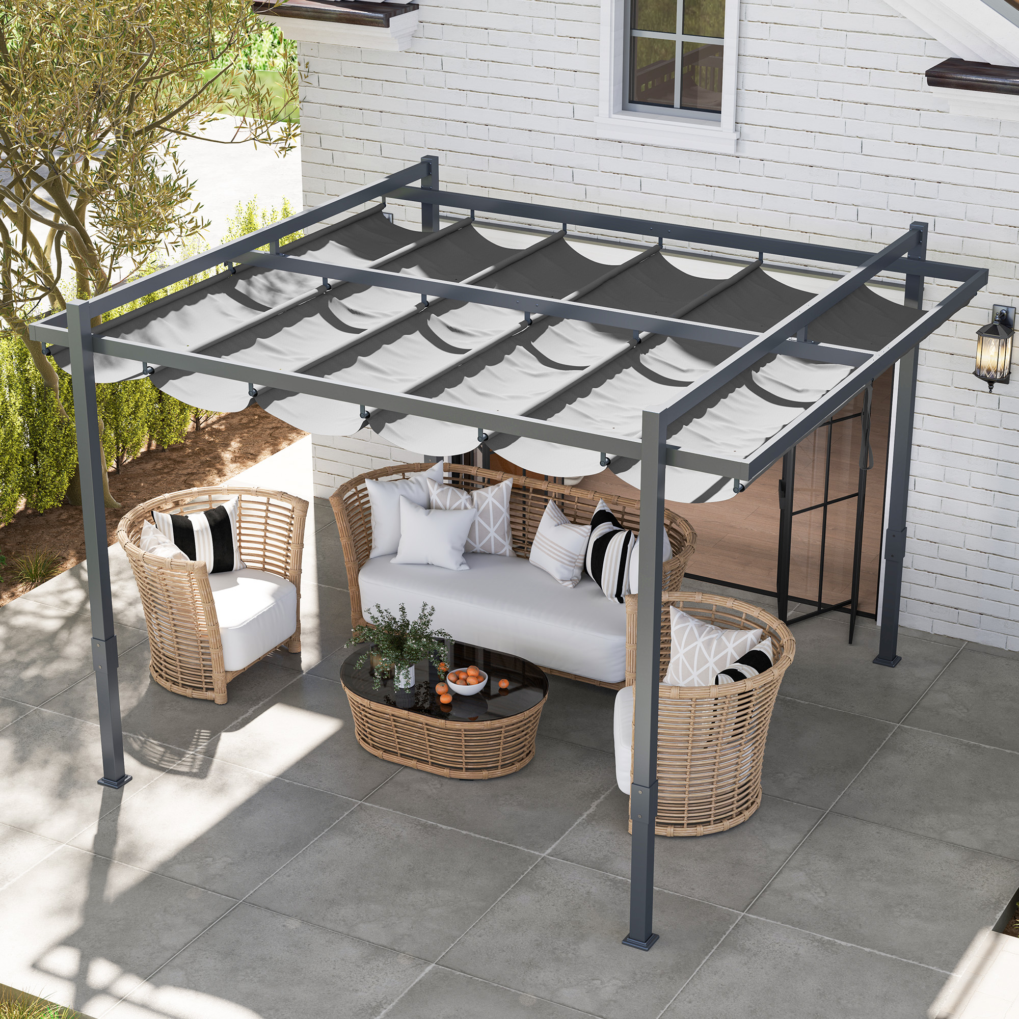 Outsunny Pergola met Schuifdak ca. 3,5x3m Aluminium Duurzaam Winterbestendige Zonwering Grijs