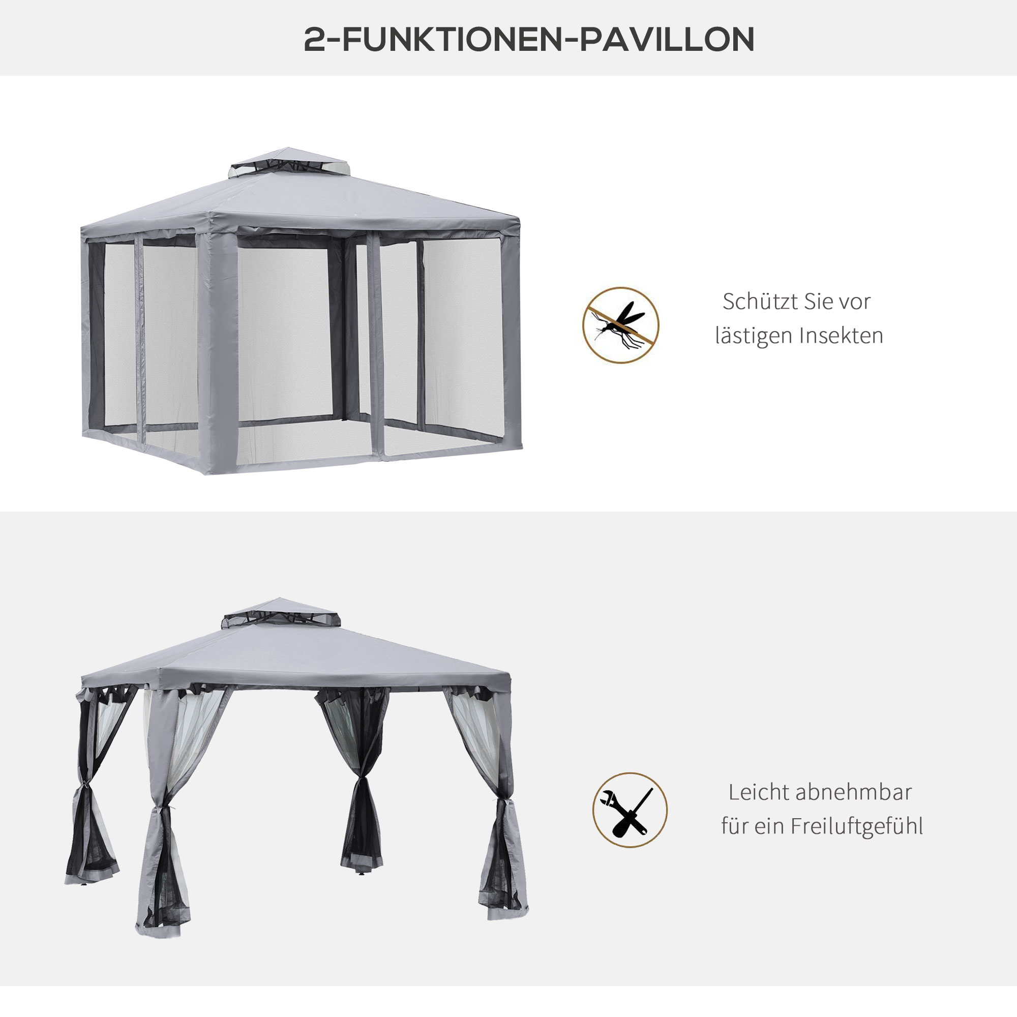 Outsunny Tuinpaviljoen 3x3 Tuin Paviljoen Met Muggengaas voor Feesten en Ontvangst, Grijs