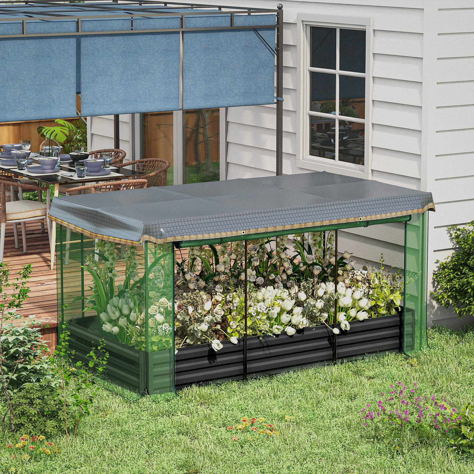 Outsunny Hoge plantenbak met vogelnet en zonnescherm, metalen behuizing, 230x110x110 cm, Grijs/Groen/Zwart