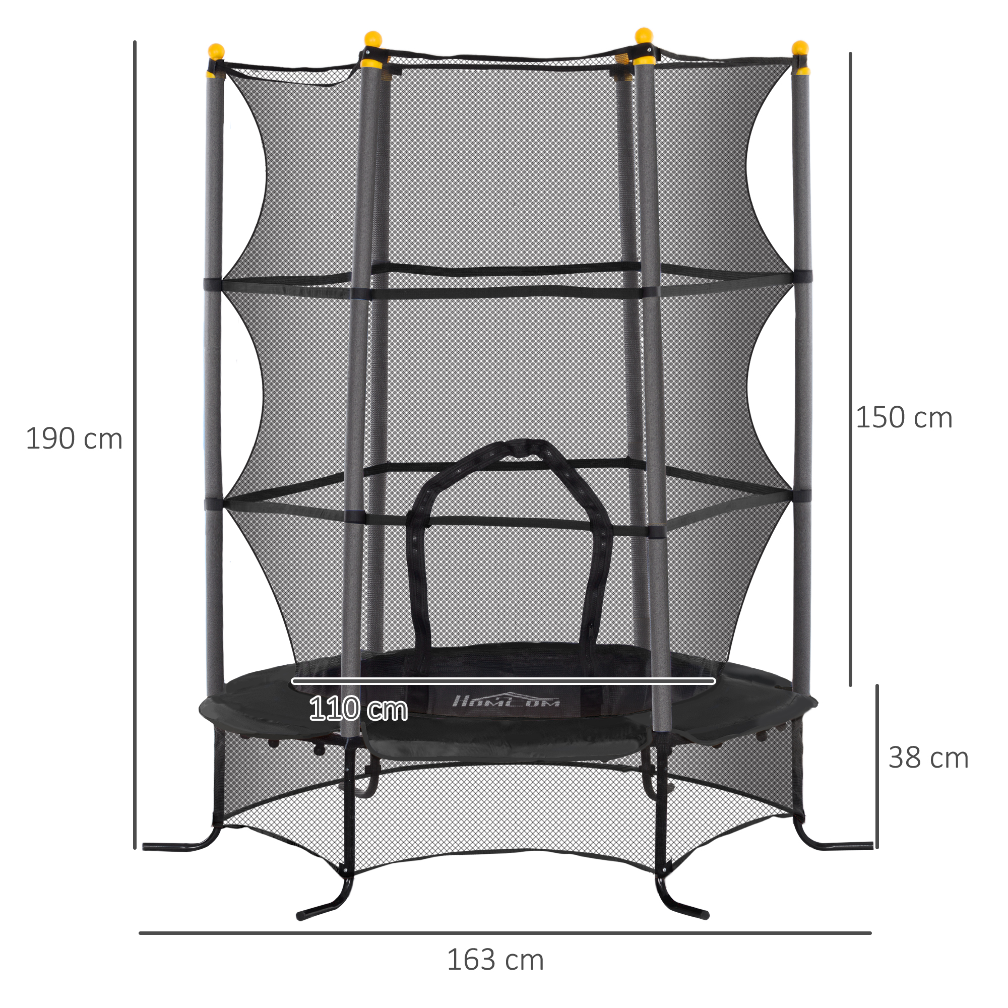 HOMCOM Trampoline voor Kinderen, Ø163 cm, met Veiligheidsnet, Voor Binnen en Buiten, Belasting tot 50 kg, Staal, Kunststof, Zwart