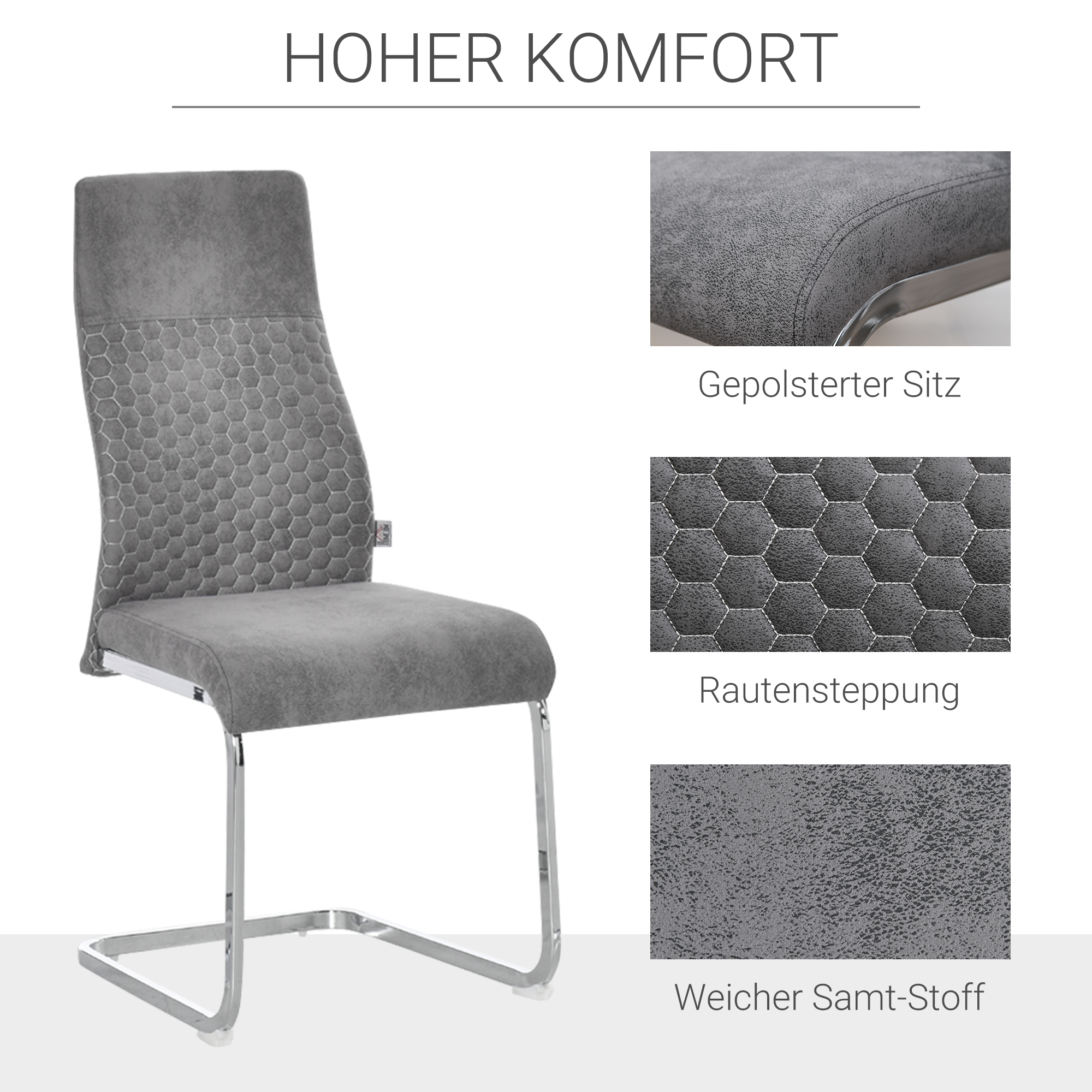 HOMCOM Set van 4 sledestoelen, 4-delige keukenstoelen, microvezel, 45 x 61 x 98 cm, grijs