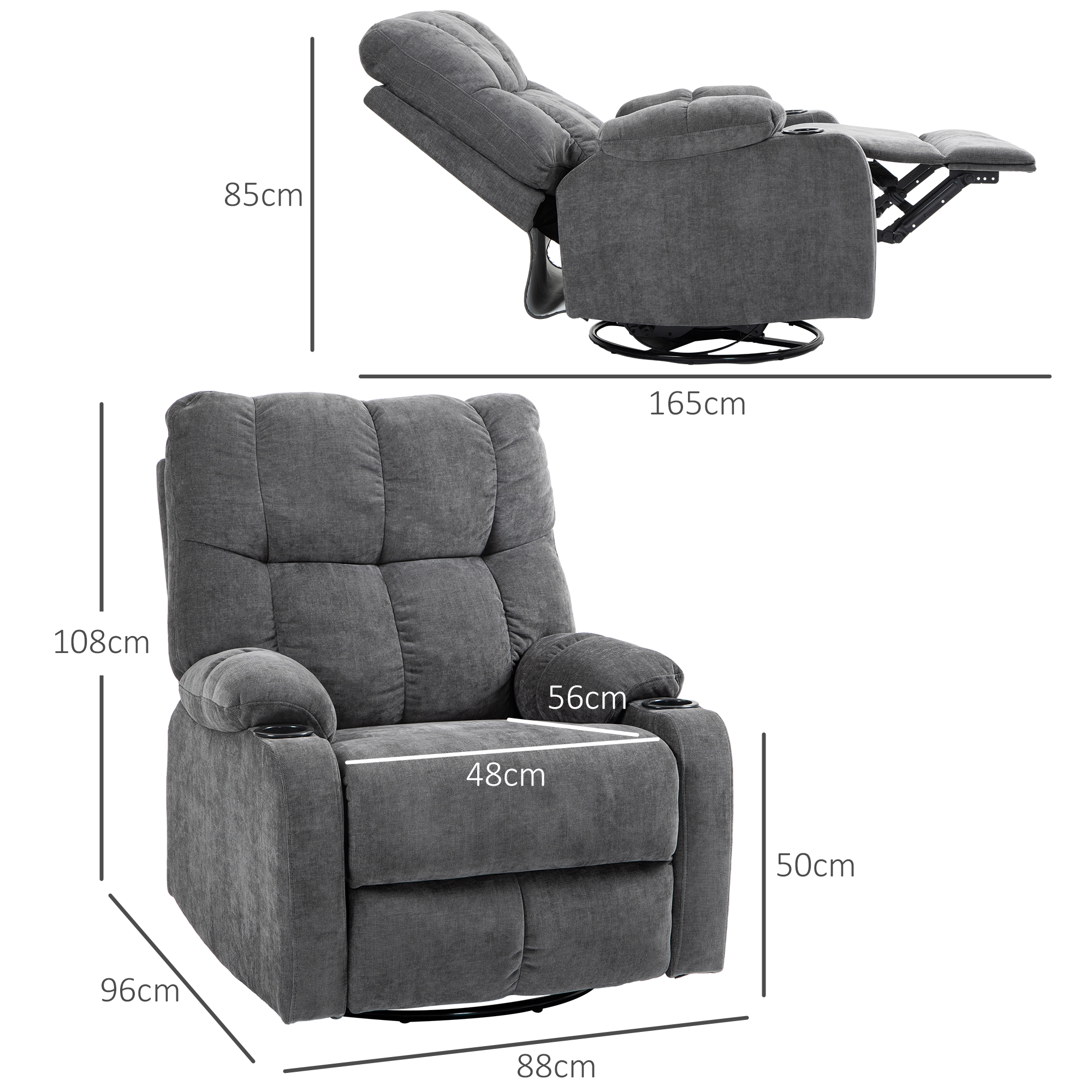 HOMCOM Relaxstoel met Voetsteun, Ligstoel, Draaibaar, tot 150 kg, Stalen Frame, 88x96x108cm, Donkergrijs