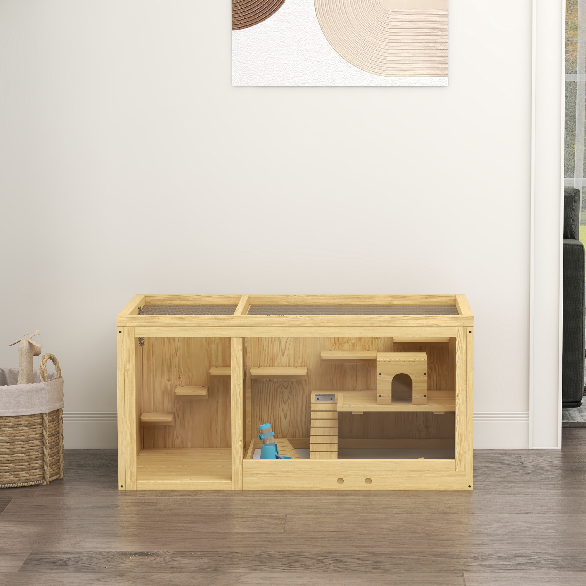 PawHut Knaagdierkooi, Sparrenhout, inclusief accessoires en drinkfles, 100 x 50 x 50 cm, Natuurlijk