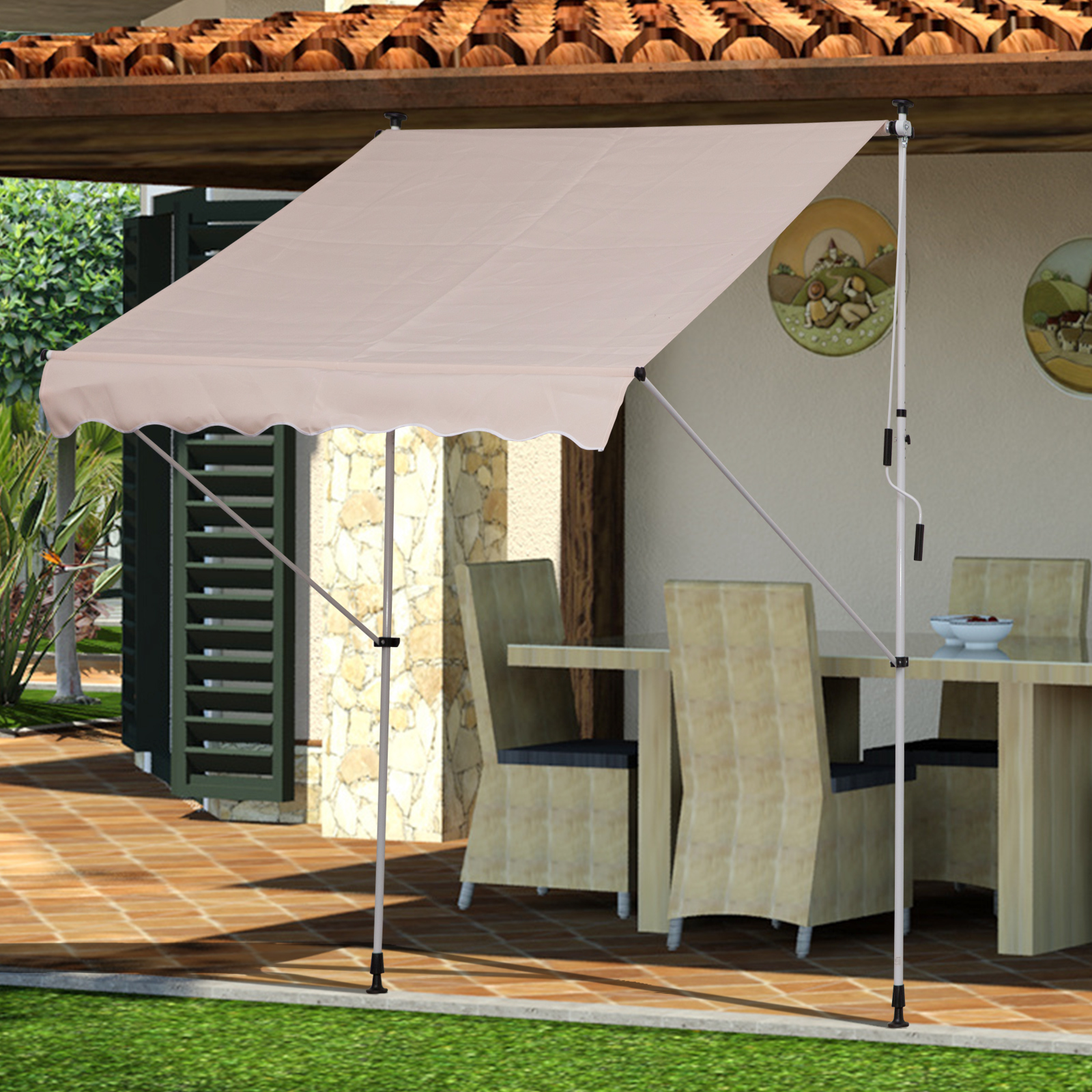 Outsunny Luifel vouwarm knikarmluifel zonwering handslinger balkon aluminium 2 x 1,5 m beige