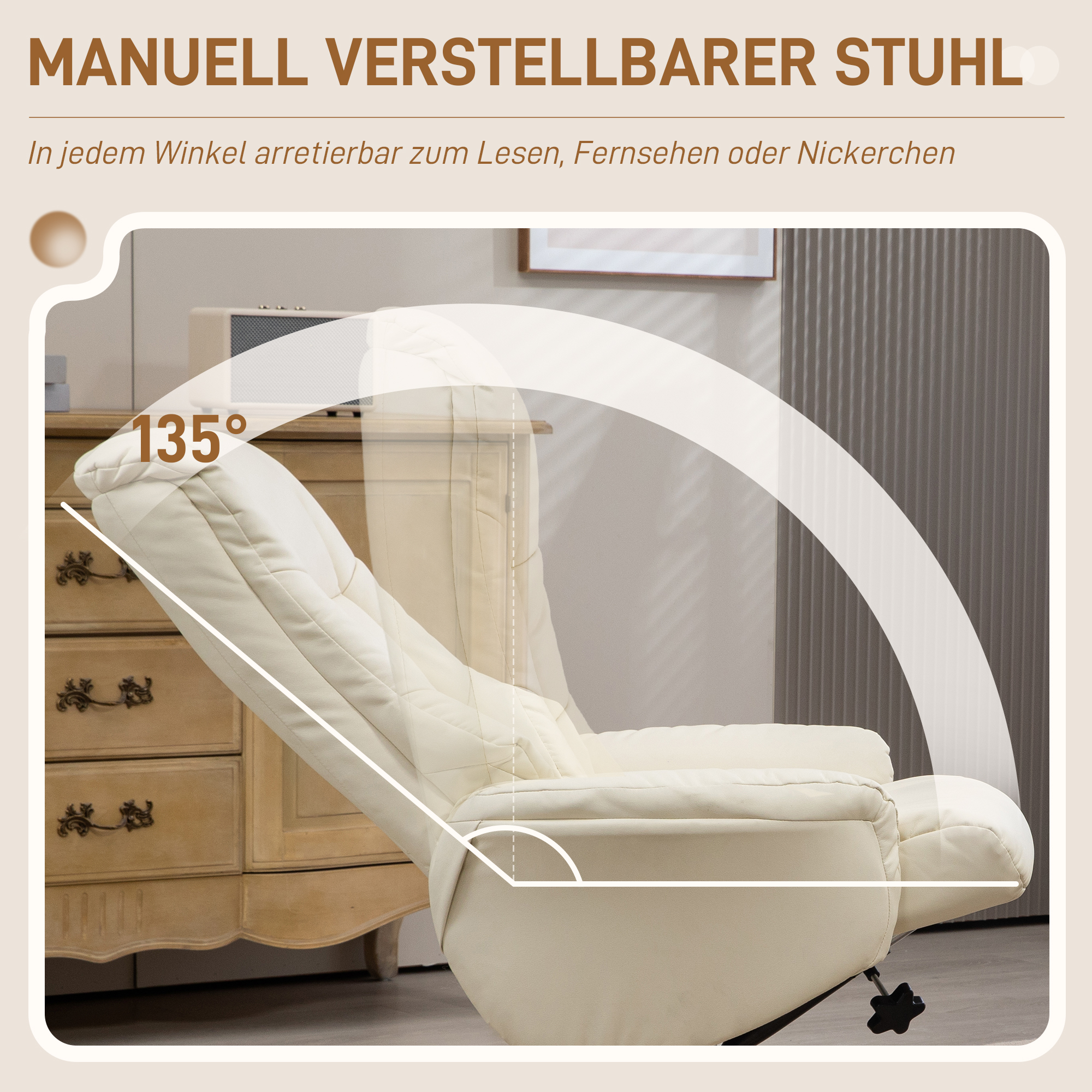 HOMCOM Relaxfauteuil met Voetenbankje, Ligfunctie, Kunstleder Bekleding, tot 150 kg, 71 x 84 x 102 cm, Crèmewit