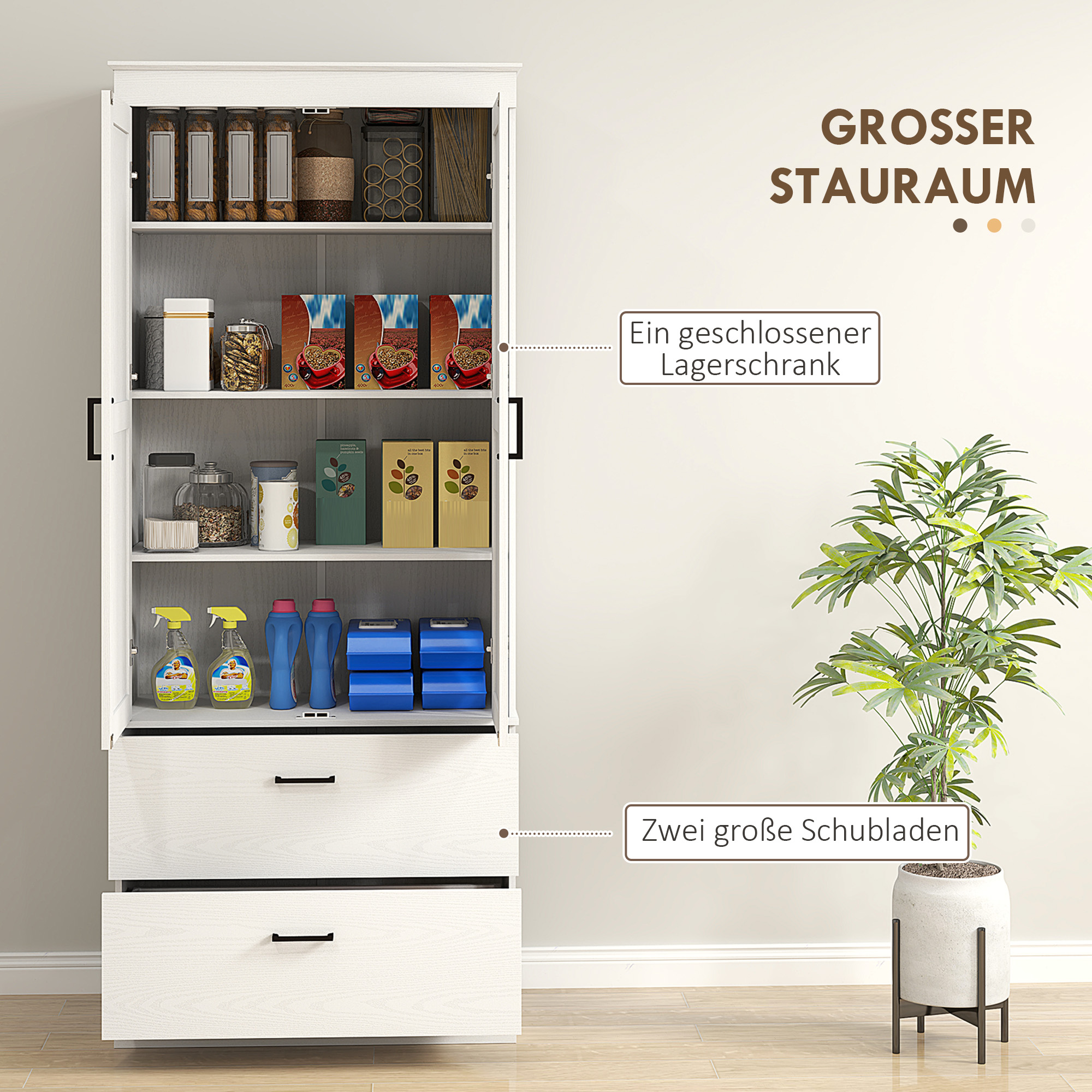 HOMCOM Vrijstaande Keukenkast met Verstelbare Schappen en Twee Brede Laden voor Woonkamer, Keuken, Wit