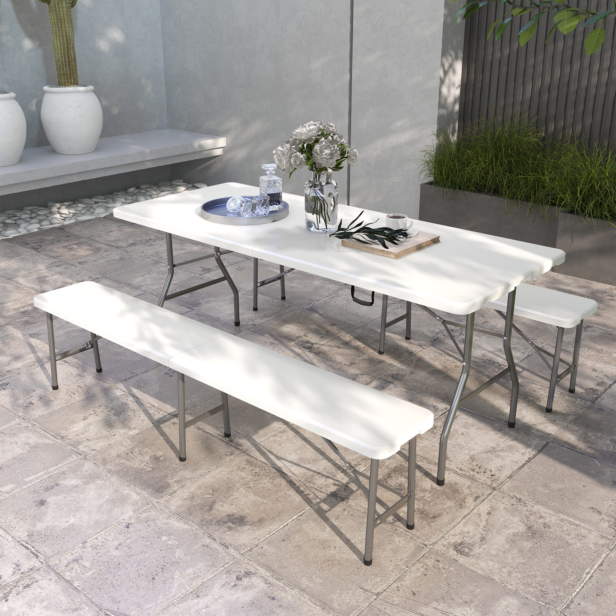 Outsunny Biertafelset voor 6 personen, 3-delig, inklapbaar, lichtgewicht, weerbestendig, stalen frame, wit