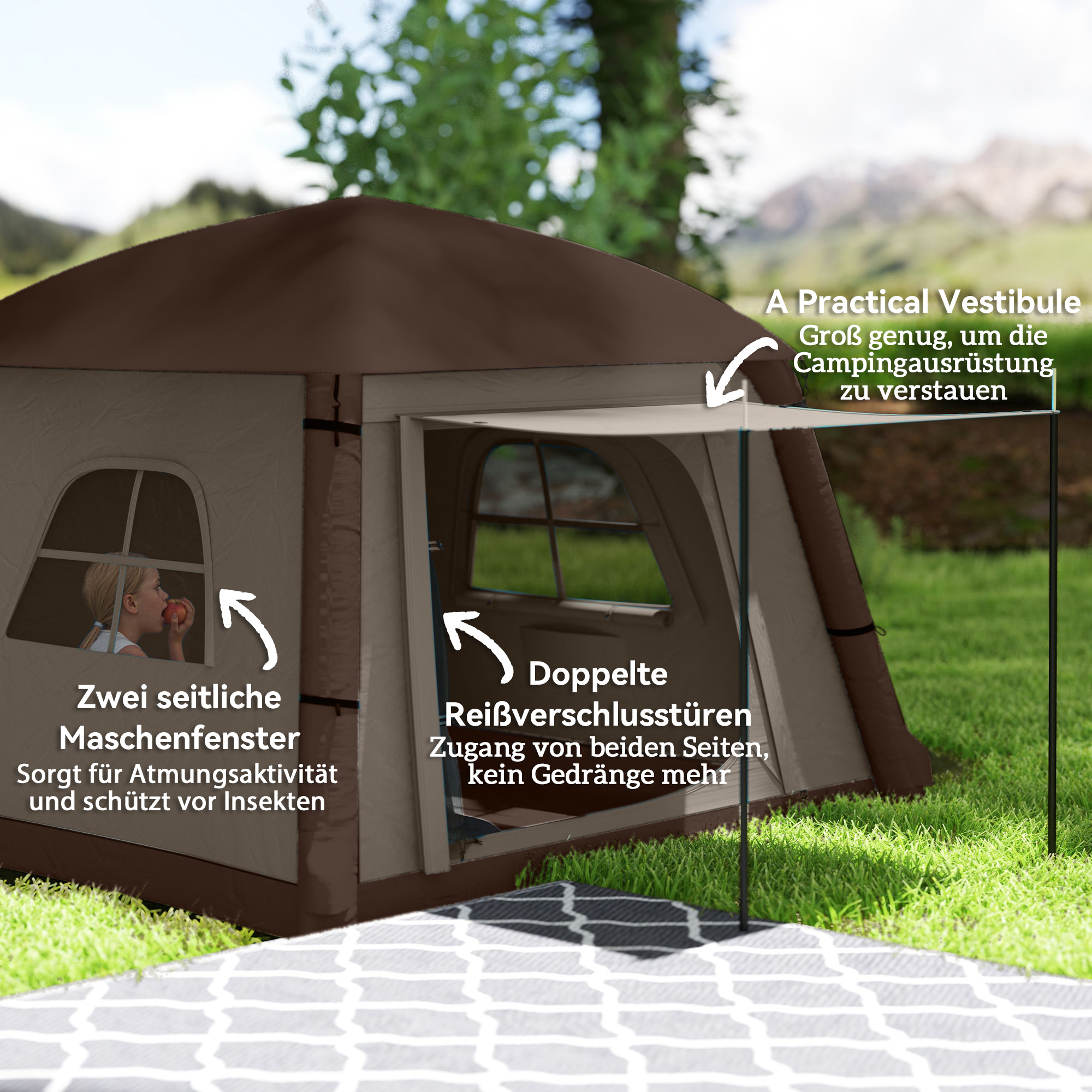 Outsunny Opblaasbare Campingtent voor 1-2 Personen Outdoor Familie Tent met Haak, Luchtpomp, Vensters en Deuren voor 4 Seizoenen