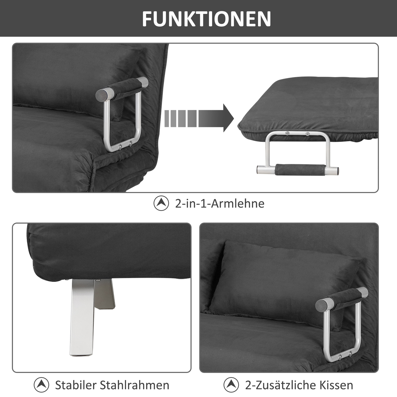 HOMCOM tweezits bedbank met armleuningen, 3-in-1 slaapbank, logeerbed, opvouwbare matras, opklapbed, chaise longue, multifunctioneel, imitatie-suède grijs 105 x 80 x 78 cm