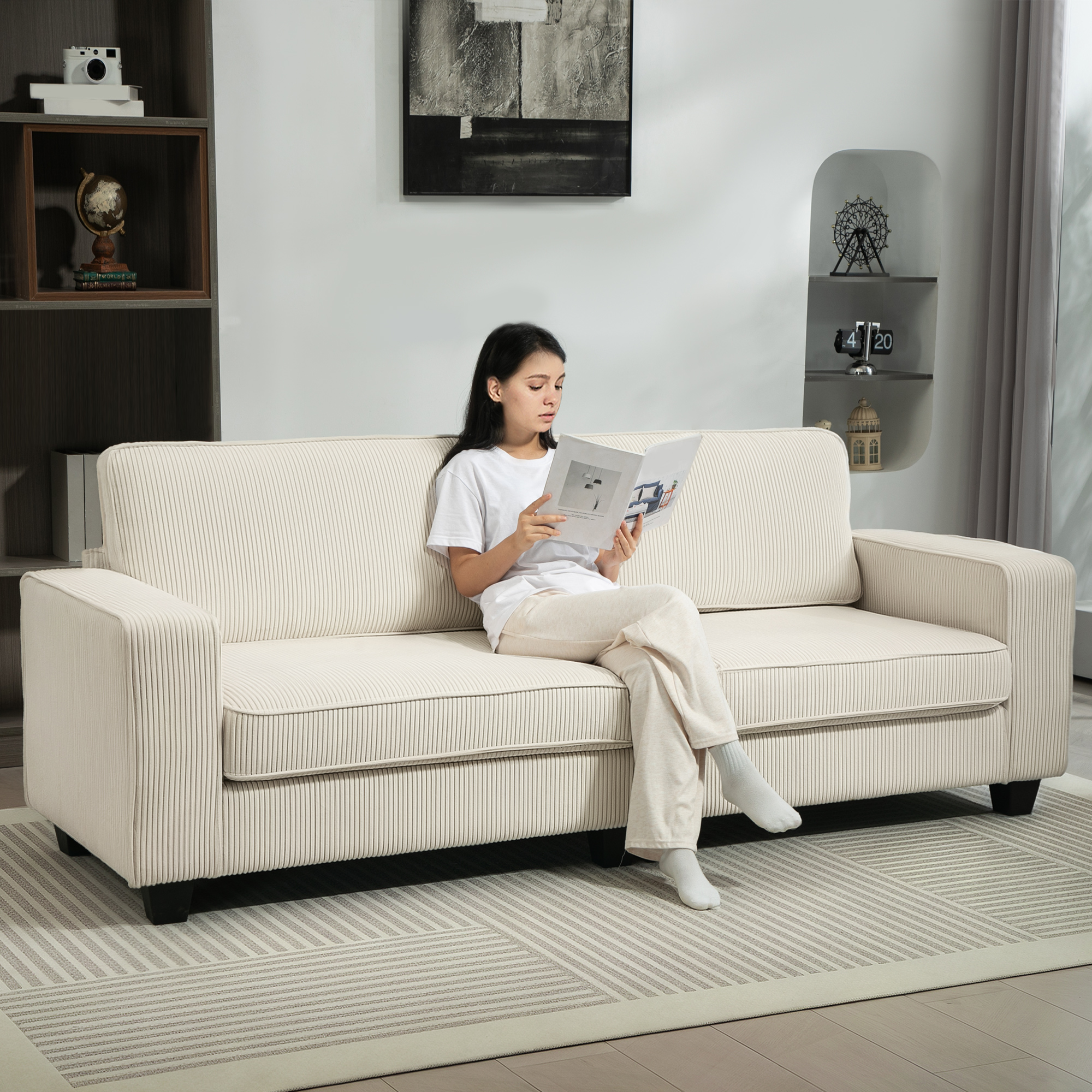 HOMCOM 3-Zitsbank met Corduroy Bekleding, Woonkamerbank met Pocketvering, tot 400 kg, 227 x 84 x 87 cm, Crèmewit