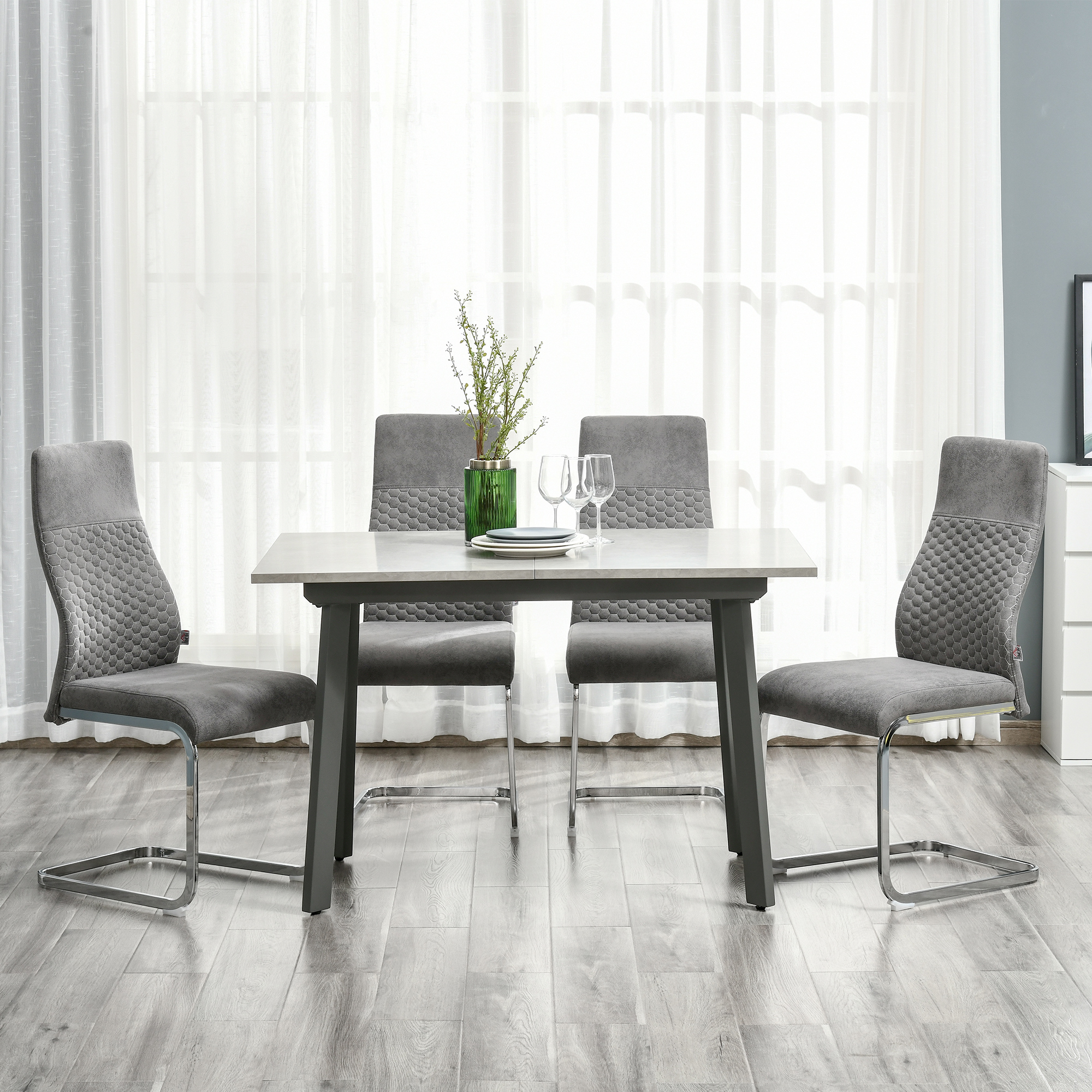 HOMCOM Set van 4 sledestoelen, 4-delige keukenstoelen, microvezel, 45 x 61 x 98 cm, grijs