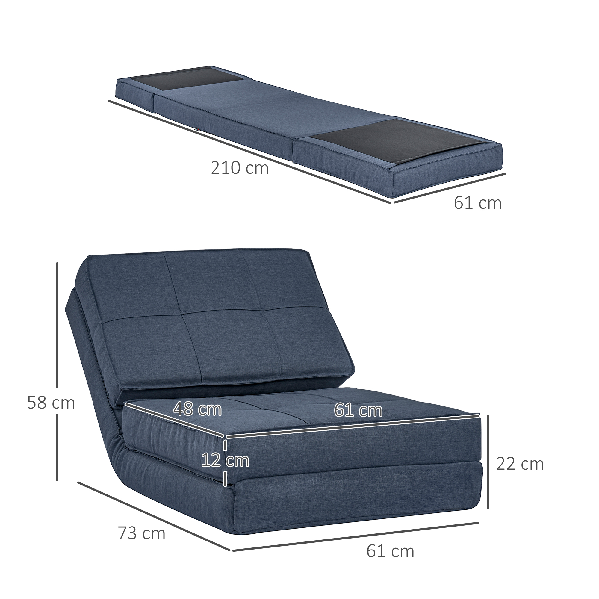 HOMCOM 3-in-1 vloerbank, opvouwbaar, linnen look, donkerblauw, 61 x 73 x 58 cm
