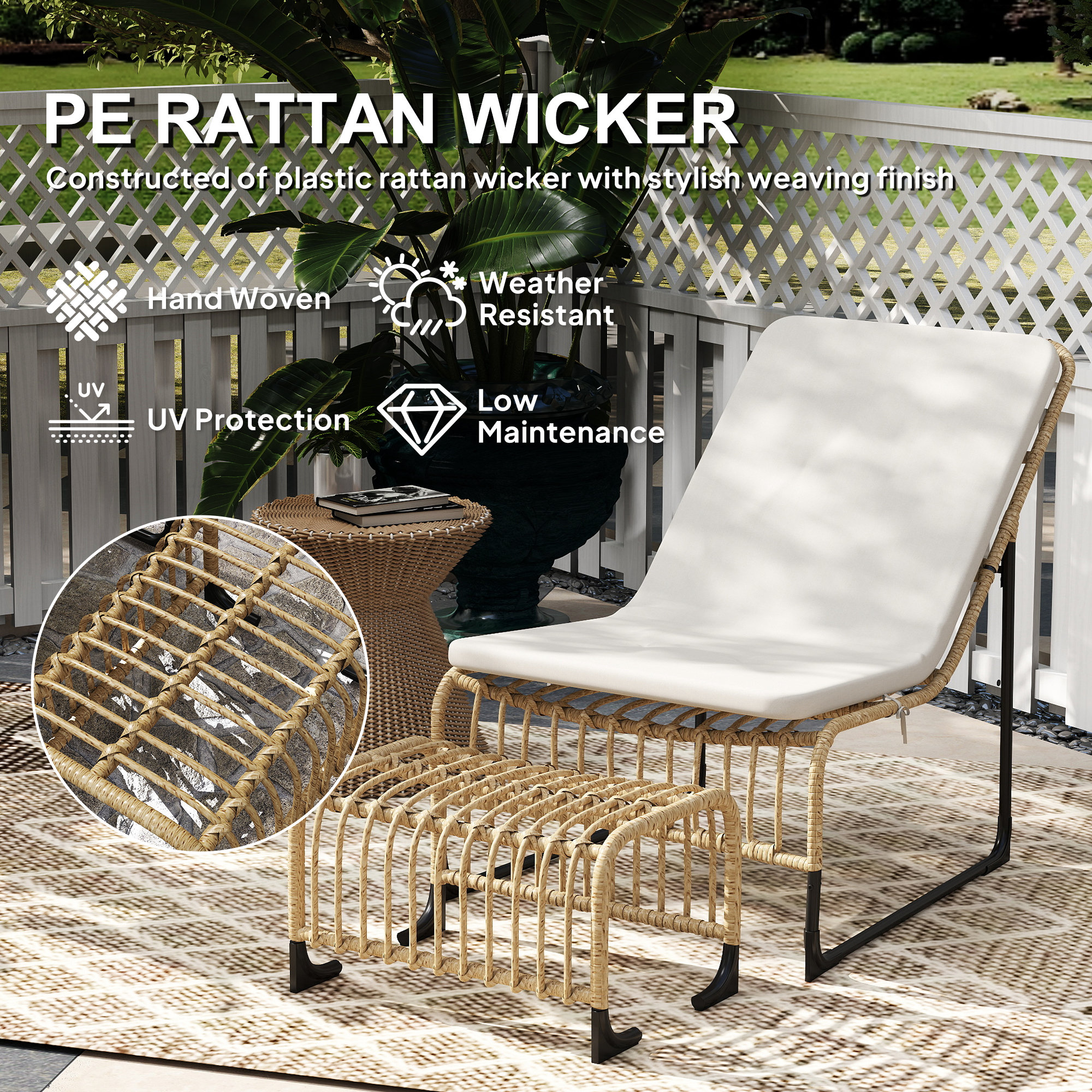 Outsunny Rattan Relaxfauteuil met Voetenbank UV-bestendig Tuinfauteuil met Kussen en Banden 65 x 93 x 80 cm Natuurhout