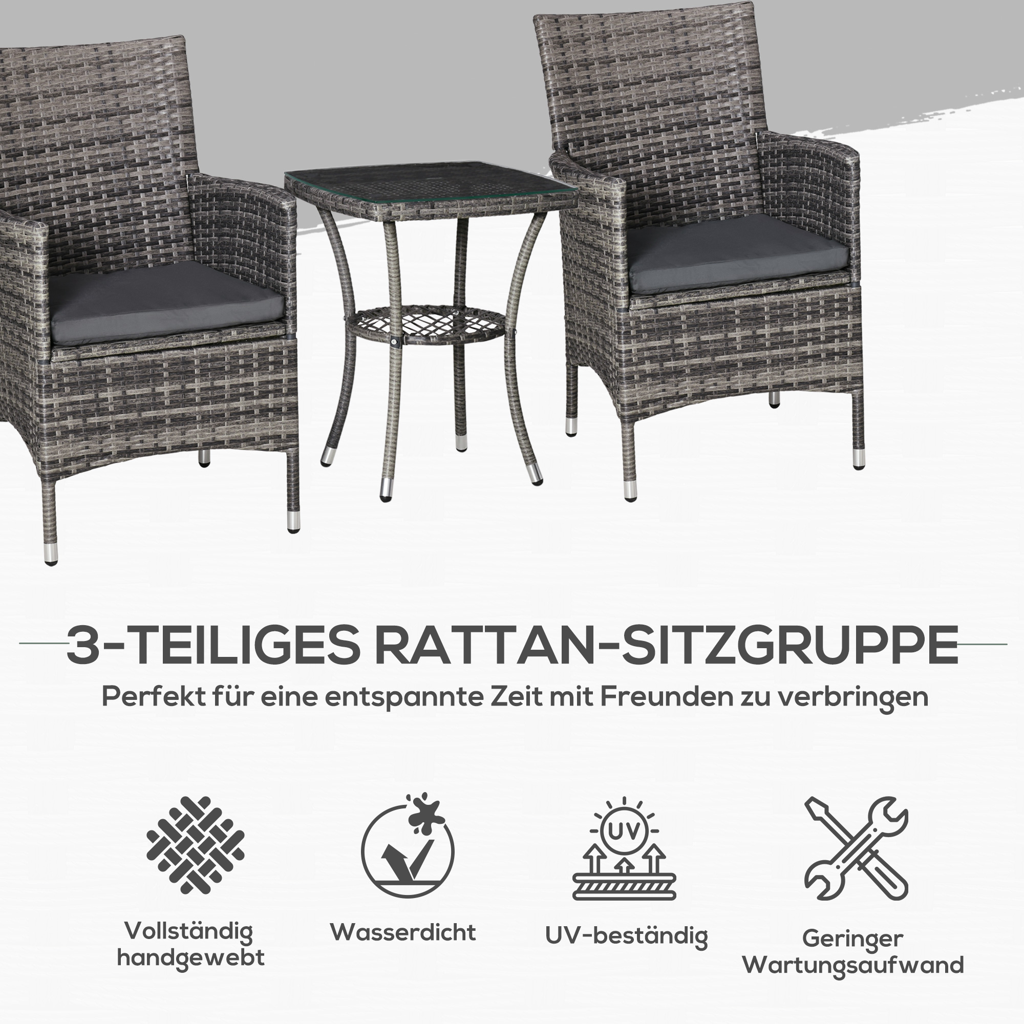 Outsunny 3-delige zitgroep in rotanlook met zitkussens, metaal+polyrattan+polyester, donkergrijs