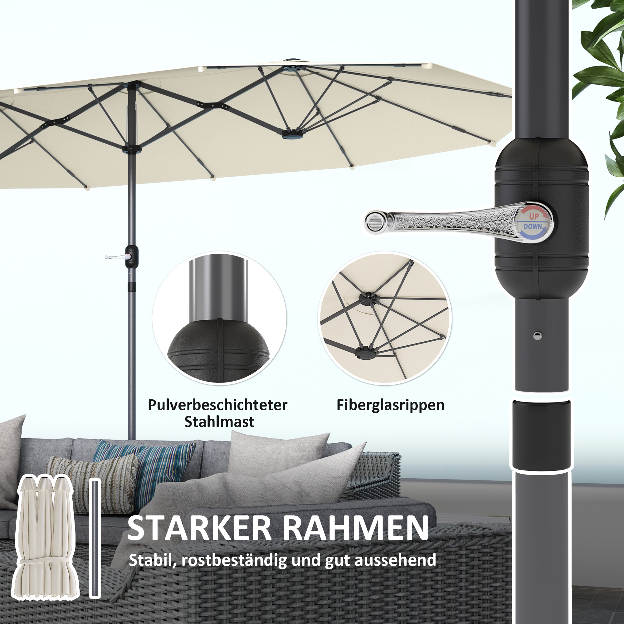 Outsunny Dubbelzijdige Parasol 436 x 260 cm met UV-bescherming en Handzwengel, Beige
