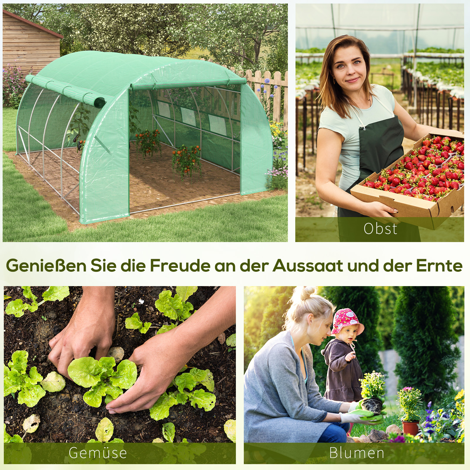Outsunny Bezoekbare Foliekas, Tuinkas, met Netramen, Metalen Frame, 4x3x2m, Groen